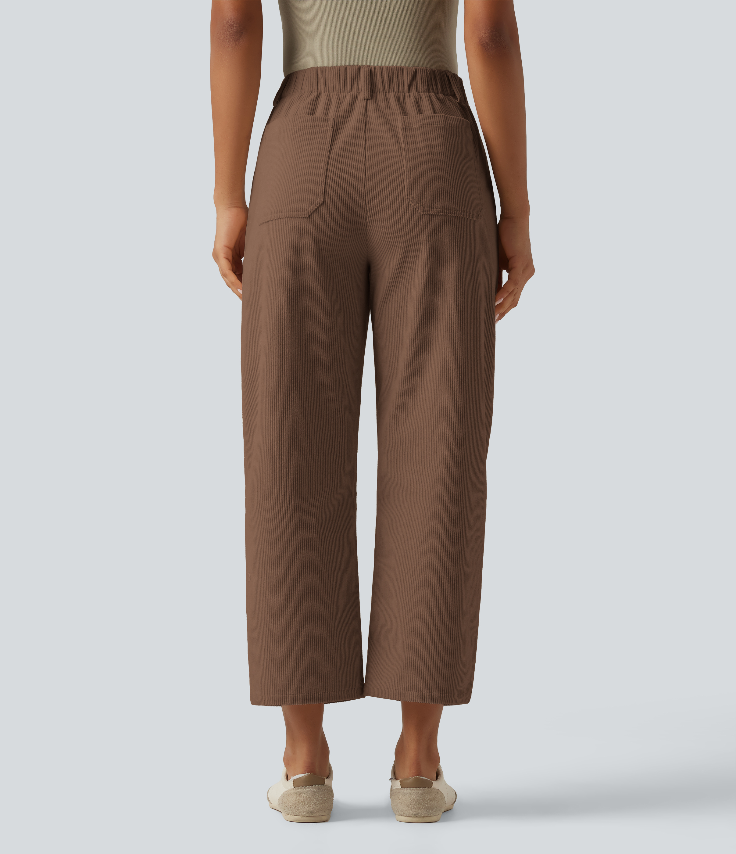 Cappuccino Pantalon en velours côtelé coupe barrel à taille haute avec poches / 2