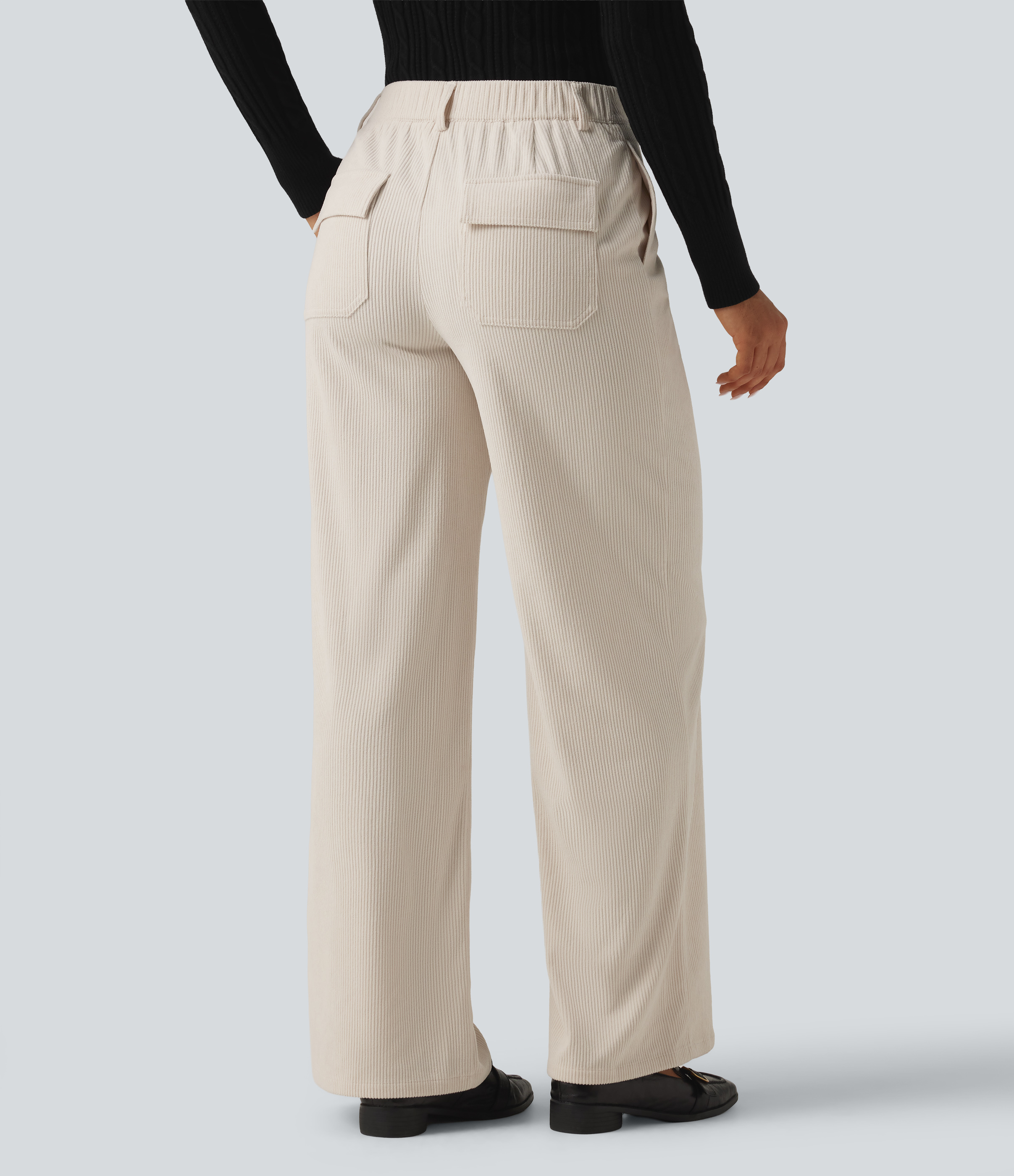 Blanco Pantalones casual de pana de tiro medio y pierna ancha con bolsillos. / 2
