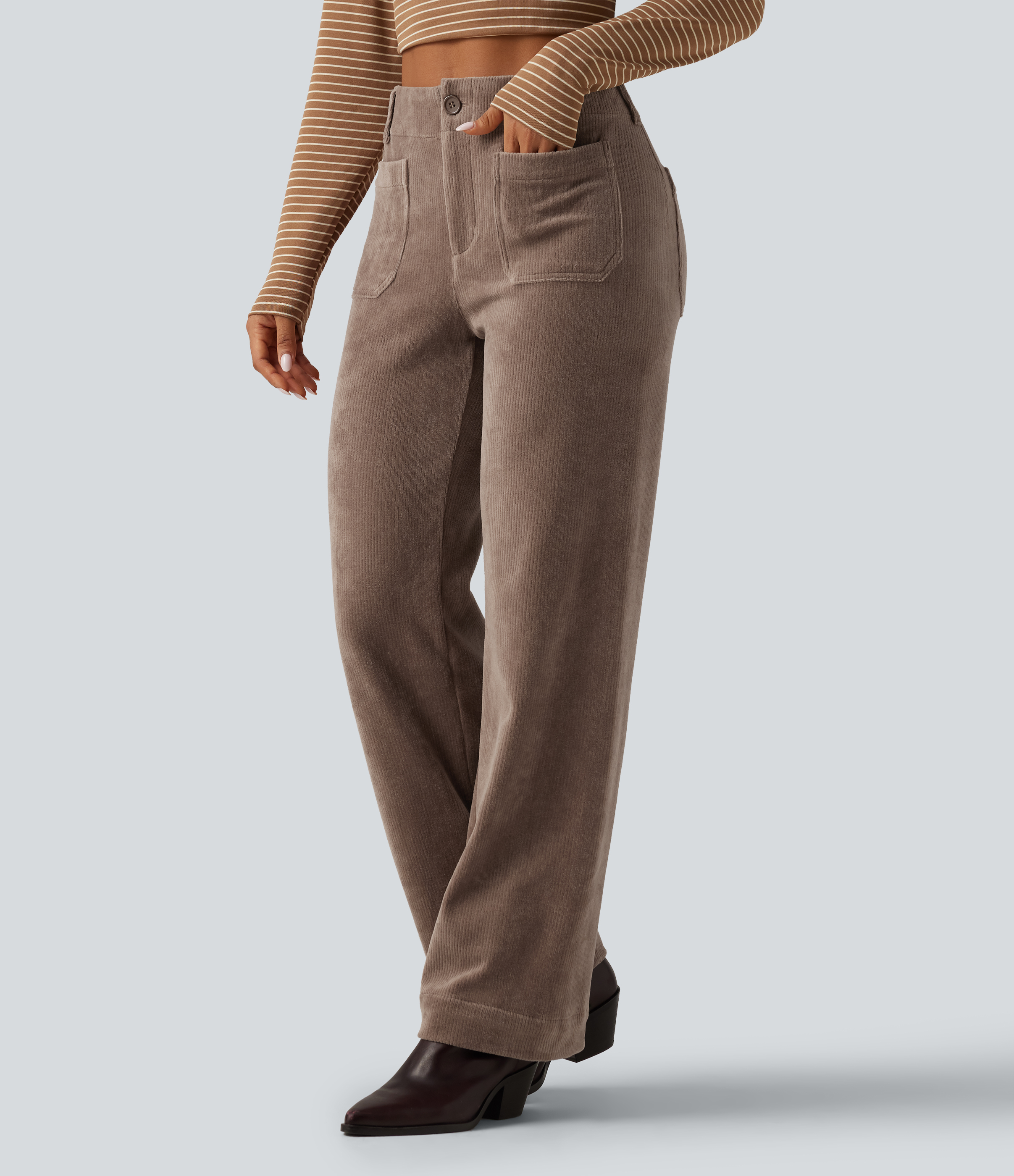 Acorn Pantalon en velours côtelé taille haute coupe droite avec poches / 1
