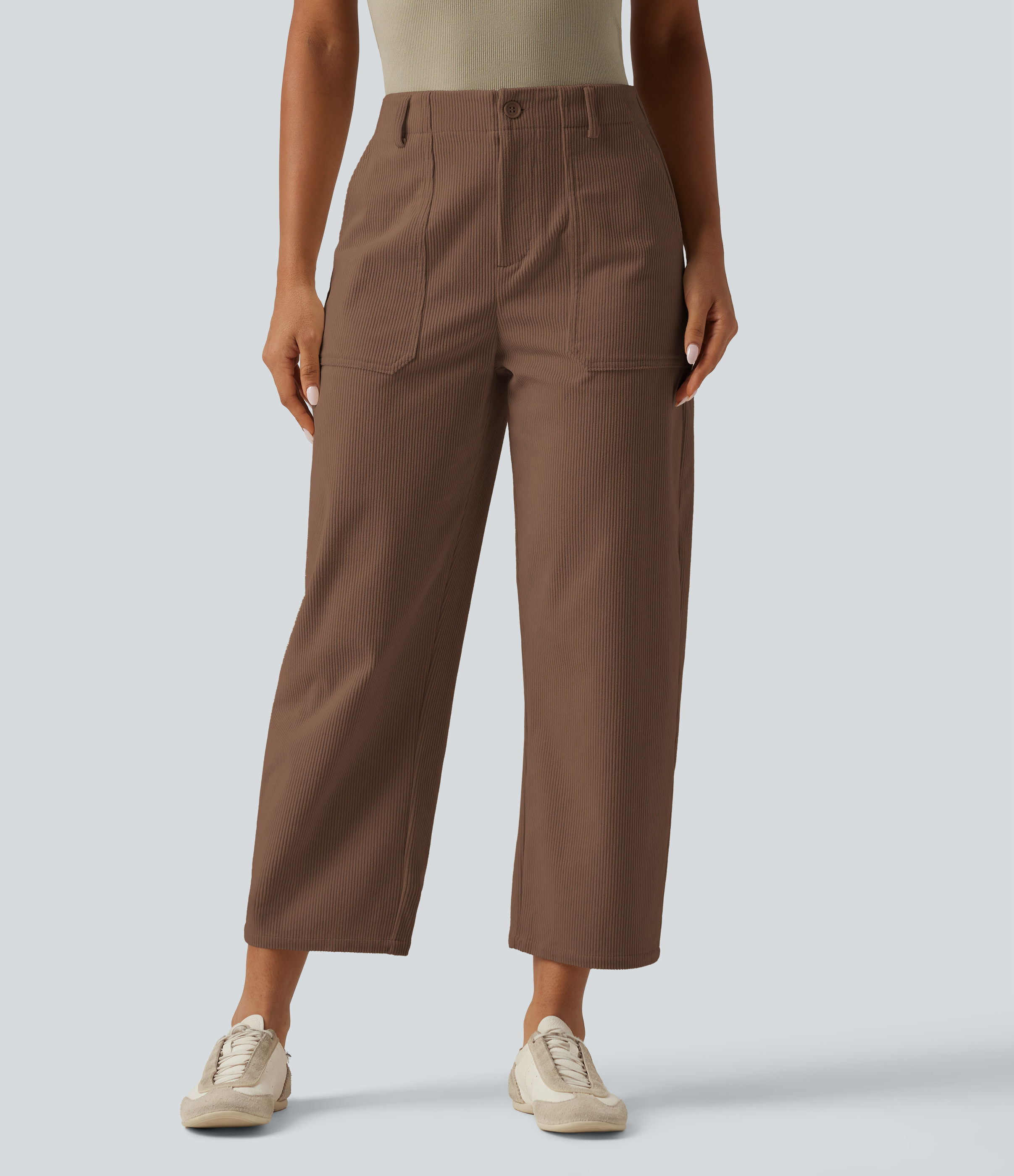 Cappuccino Pantalon en velours côtelé coupe barrel à taille haute avec poches / 1