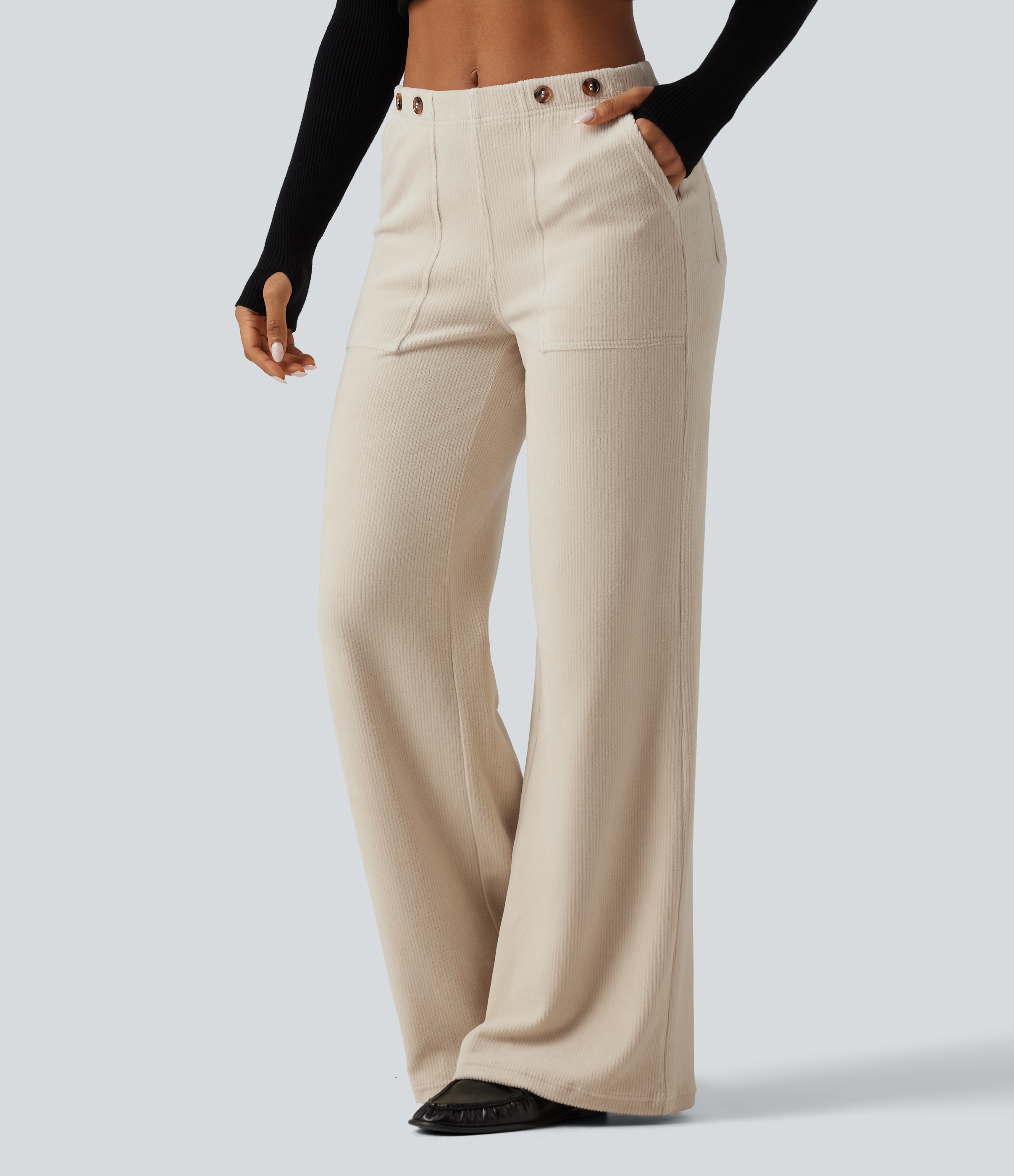 Pantalones casual de pana de tiro medio y pernera ancha con bolsillos