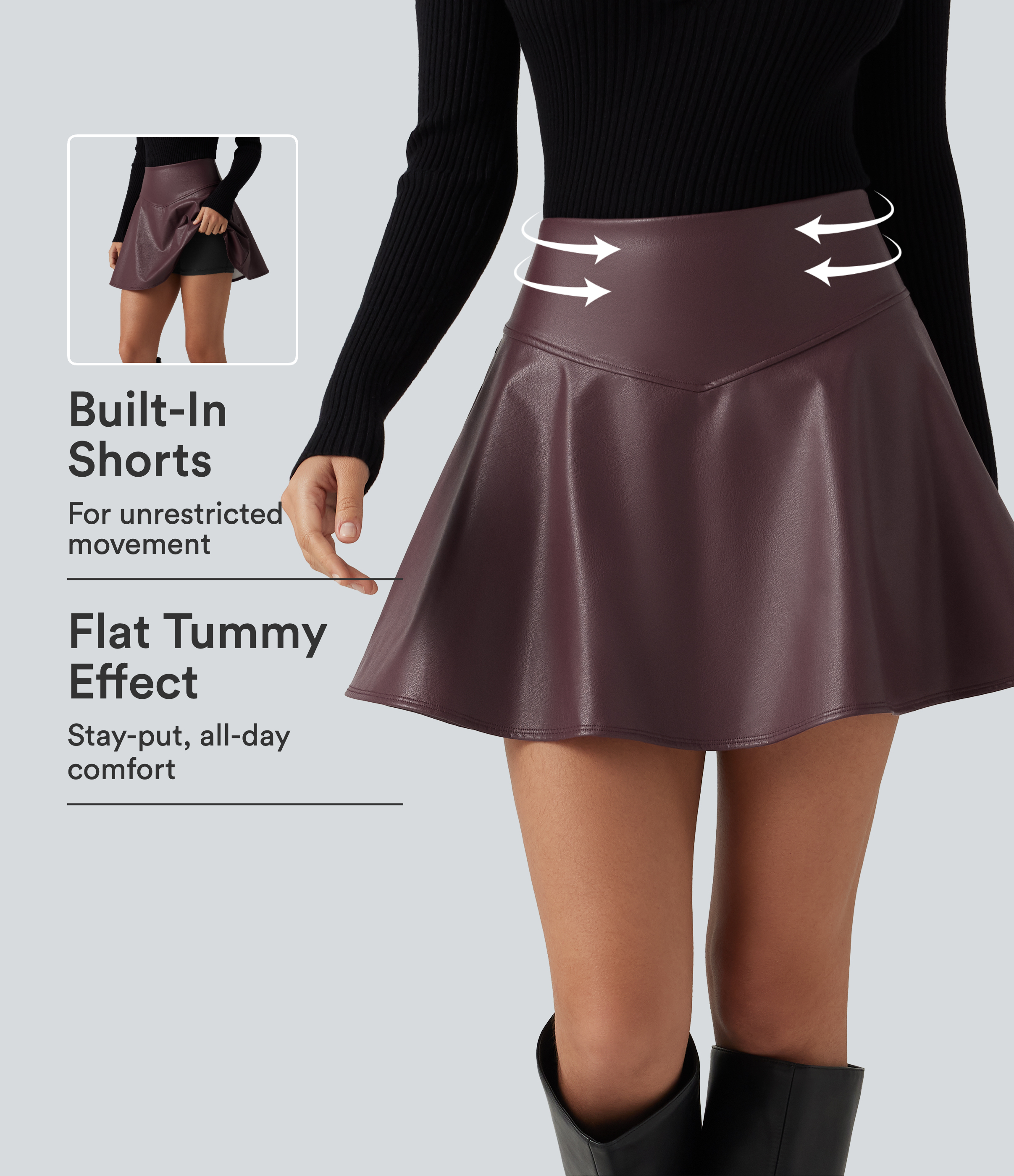 High Waisted Tummy Control Fleece Casual PU Leather Mini Skirt with Built-in Shorts and Pockets