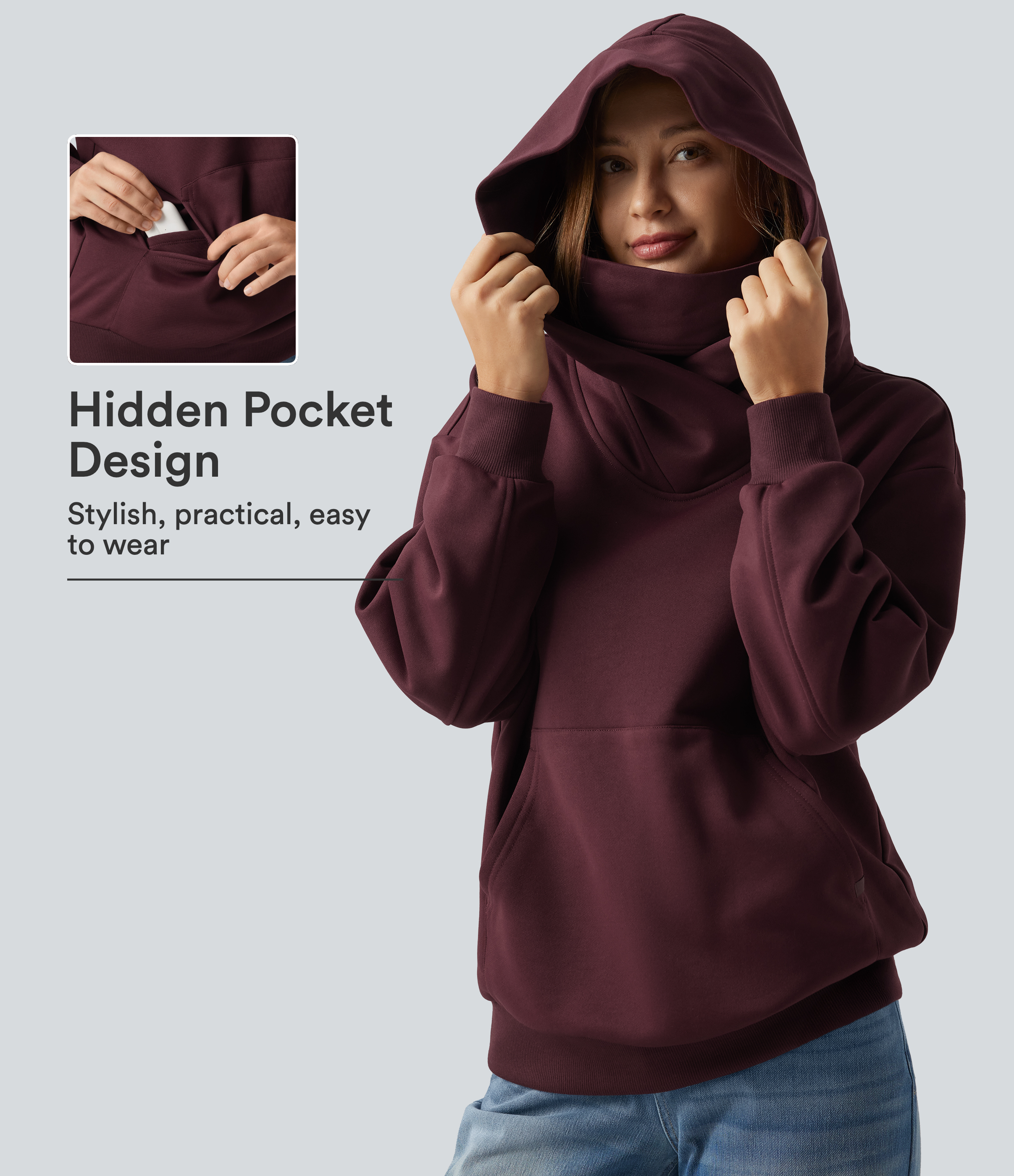 Hooded Crossover Dropped Long Sleeve Fleece Casual Sweatshirt with Pocket