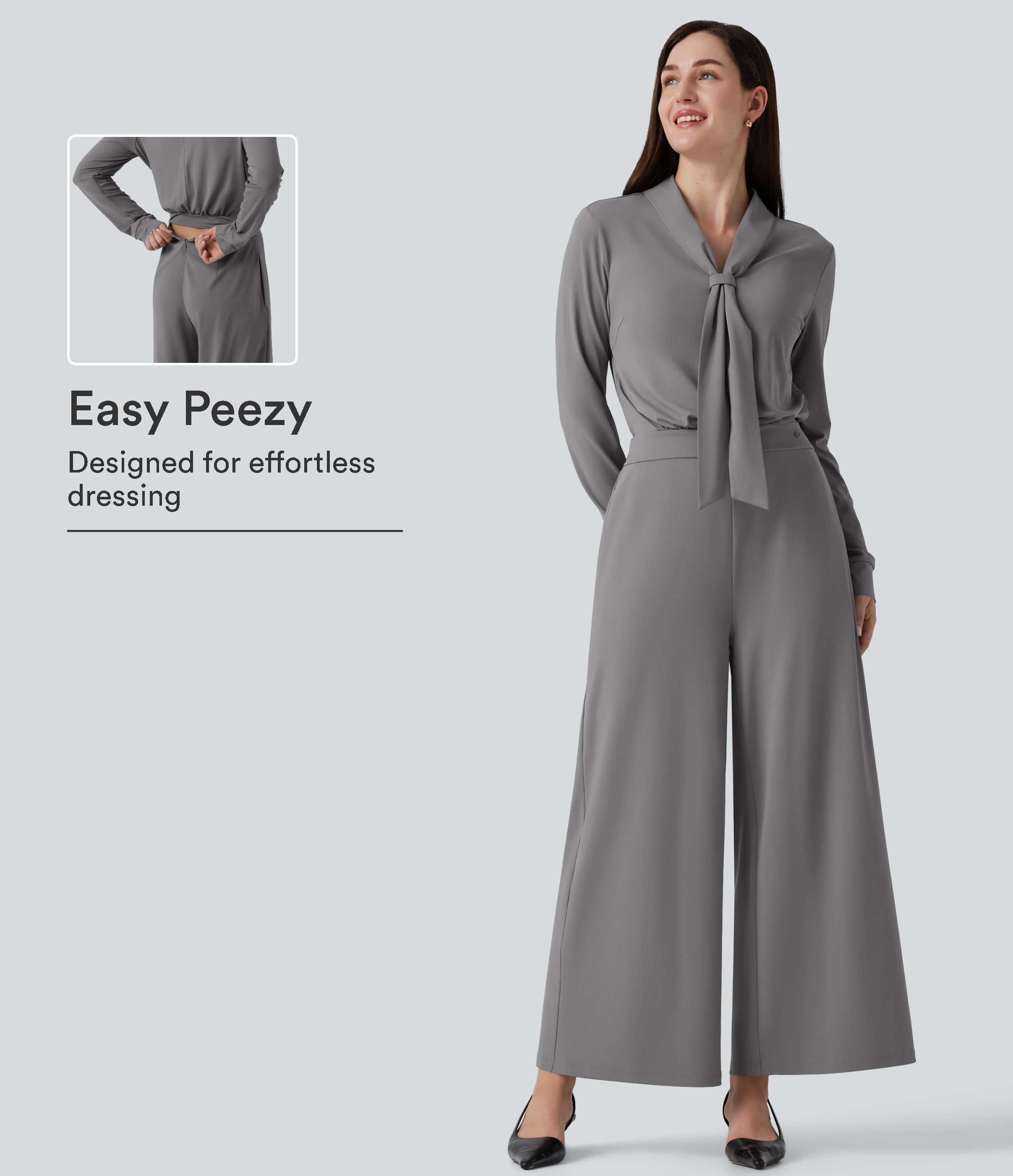 V Neck Long Sleeve Wide Leg Work Jumpsuit with Pockets-Easy Peezy Edition