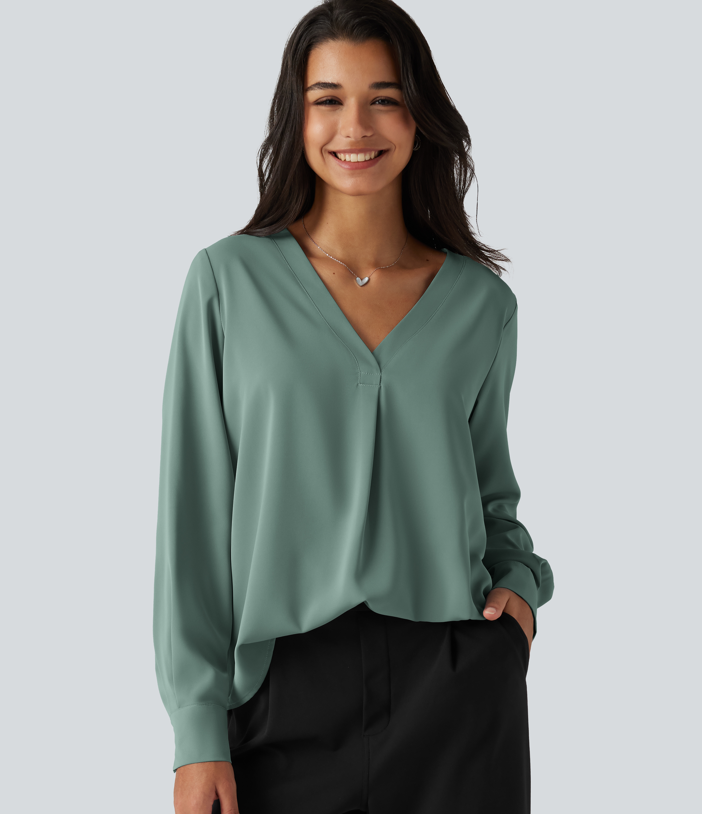 Wrinkle Recovery V Neck Long Sleeve Work Blouse