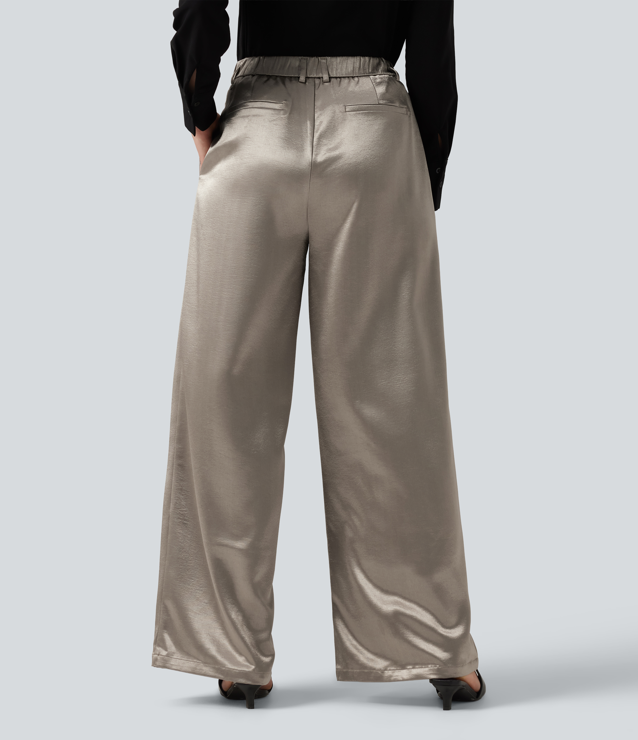 White Pewter High Waisted Wide Leg Satin Work Pants with Pockets / 2