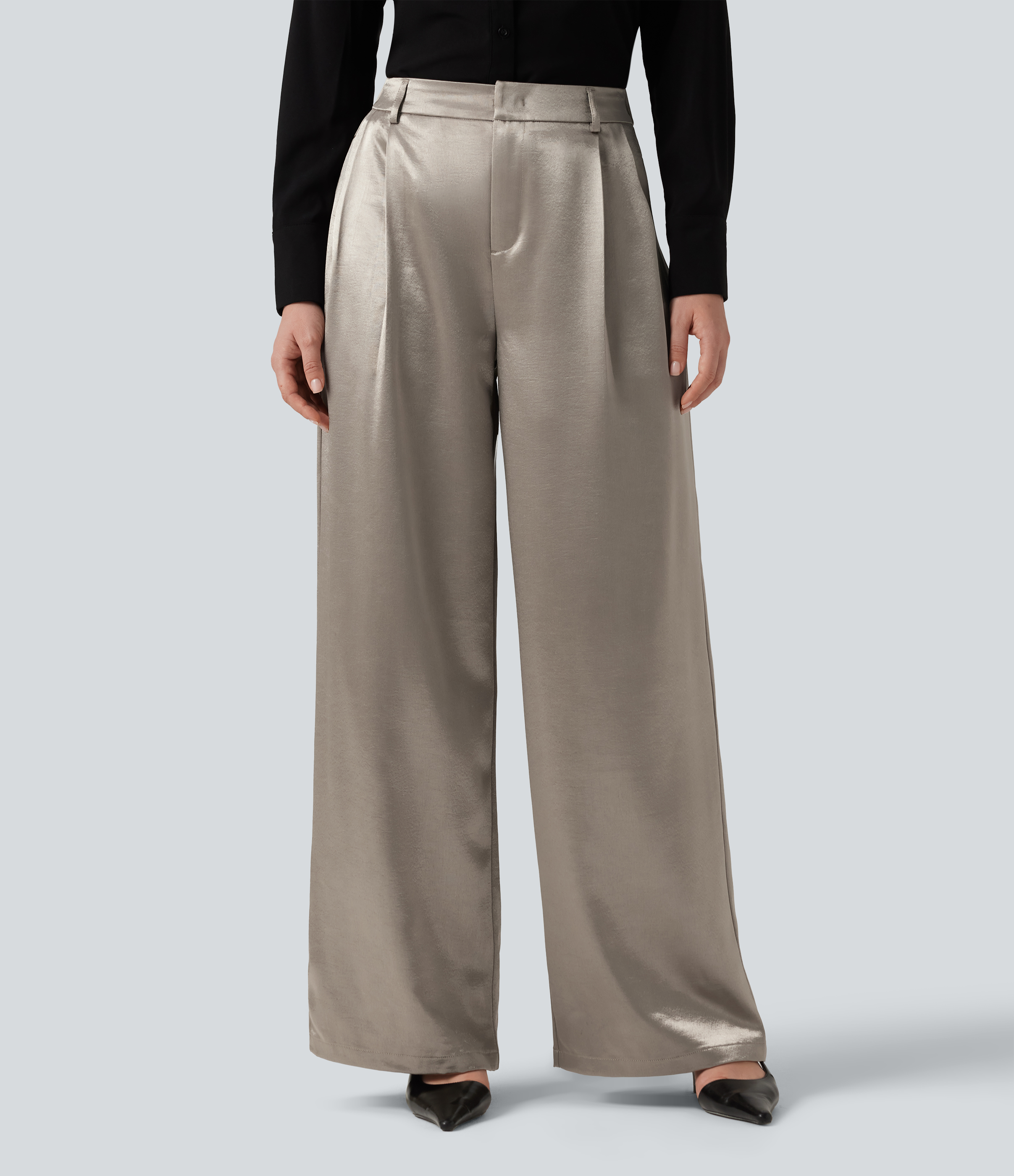 High Waisted Wide Leg Satin Work Pants with Pockets