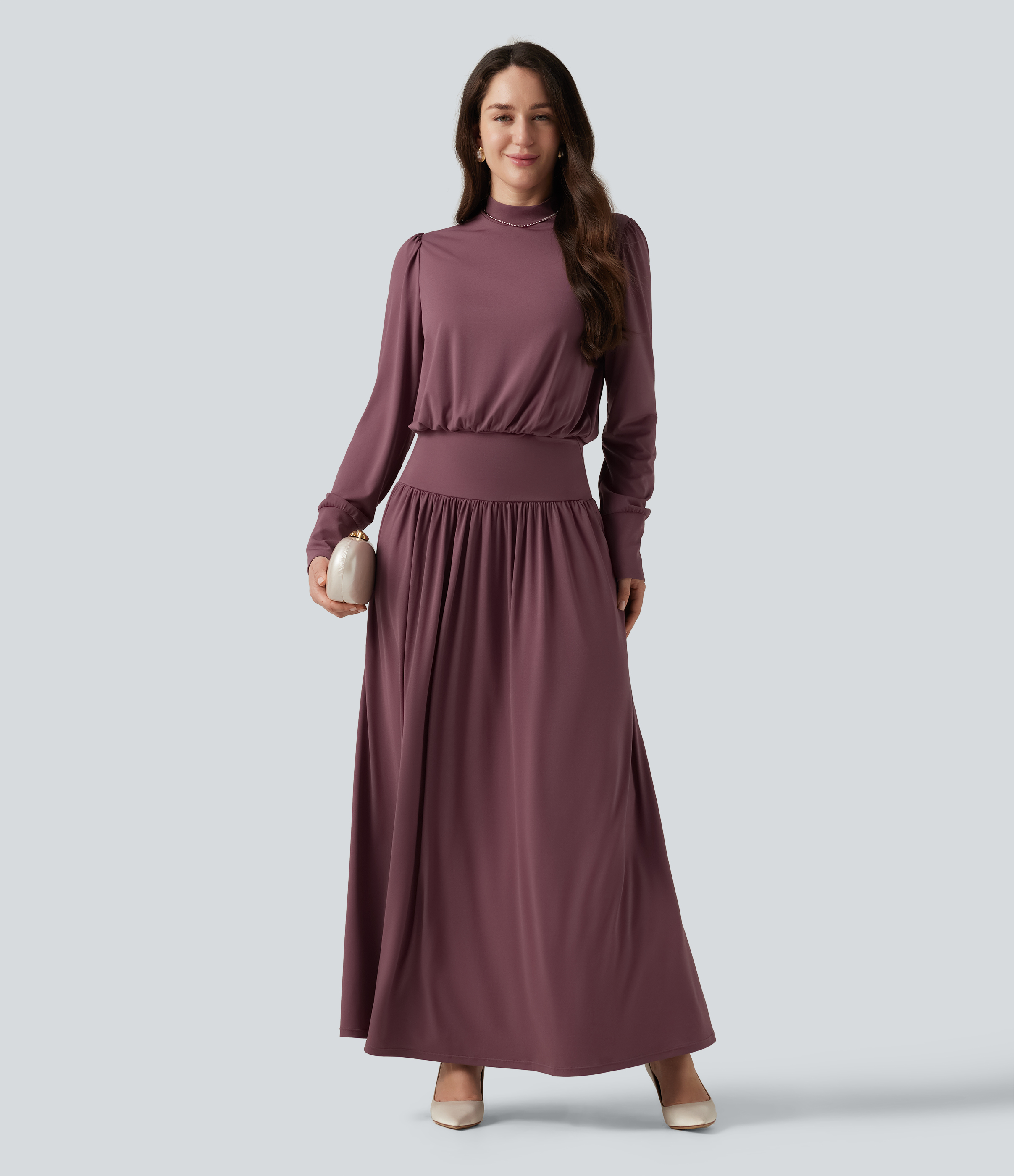 Mock Neck Long Sleeve Ruched Party Maxi Dress with Pockets