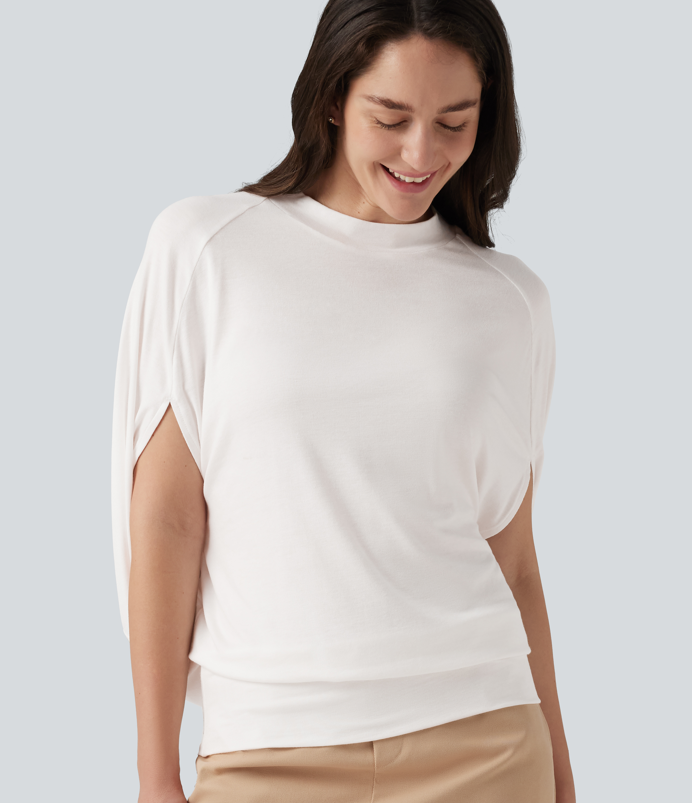 Ribbed Knit Mock Neck Batwing Sleeve Casual Top