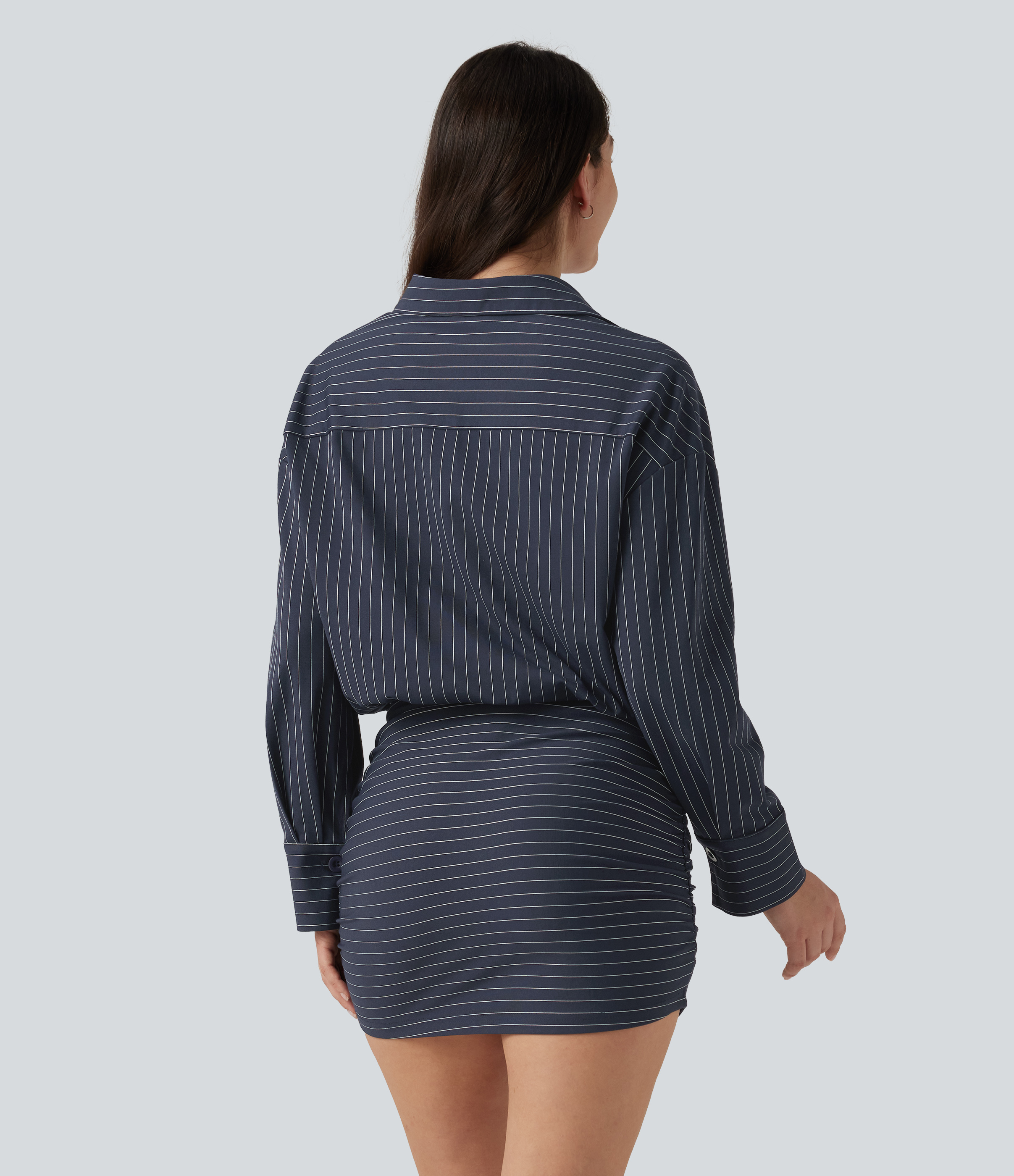 Ocean Stripe Long Sleeve Striped Casual Mini Shirt Dress / 2