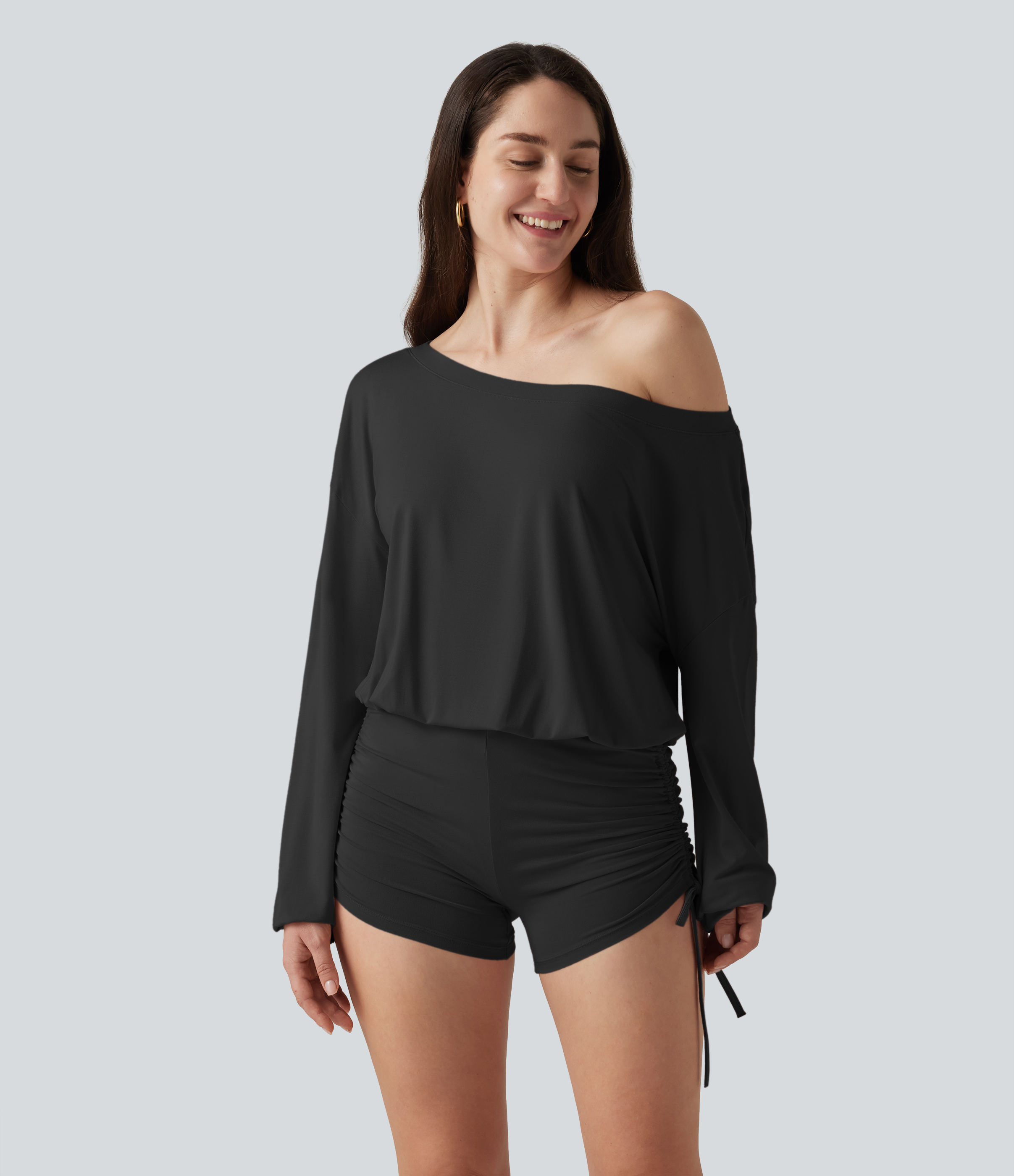Long Sleeve Ruched Lace Up Lounge Romper -Easy Peezy Edition
