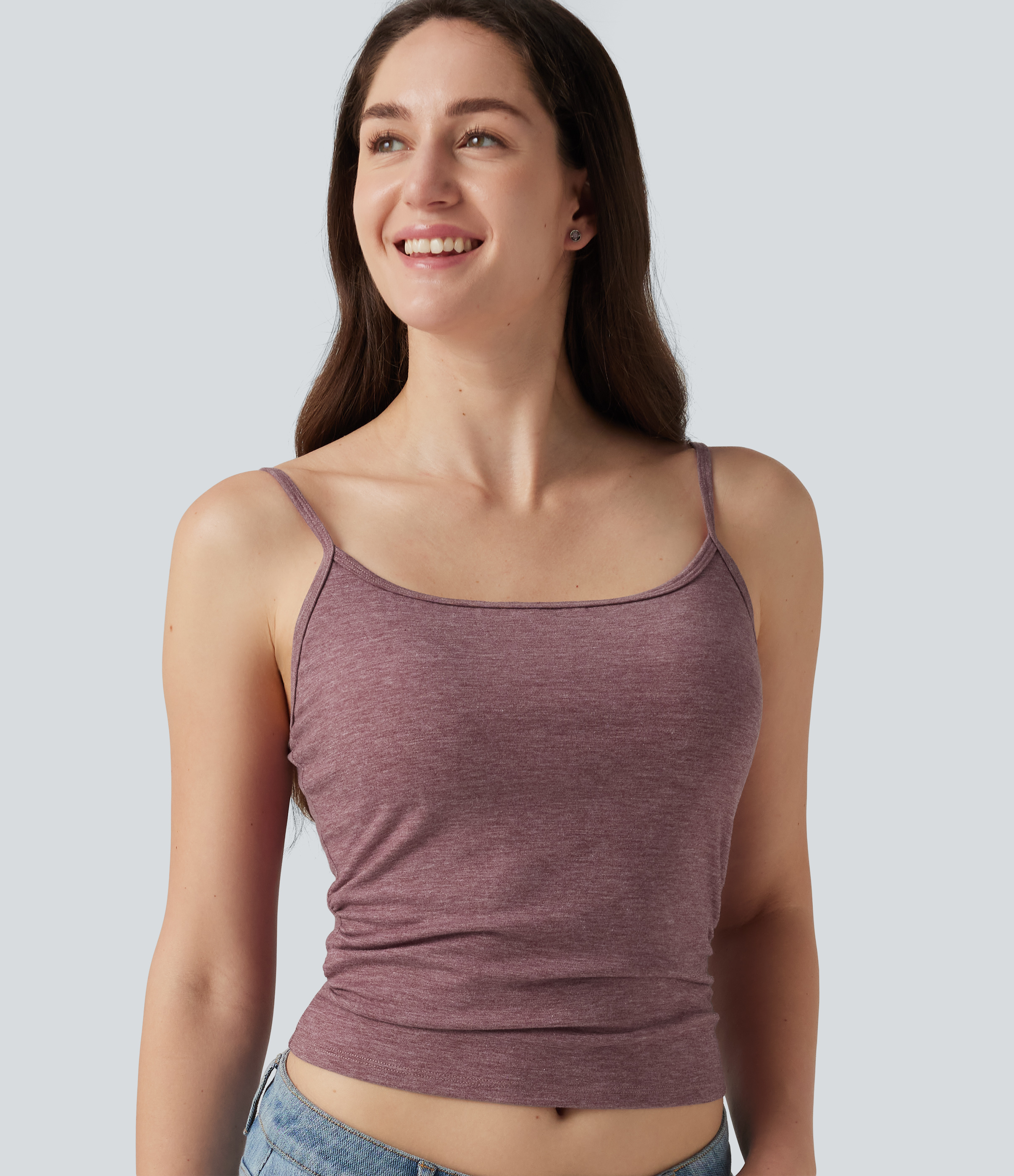 U Neck Heathered Ruched Casual Tank Top with Built-in Bra