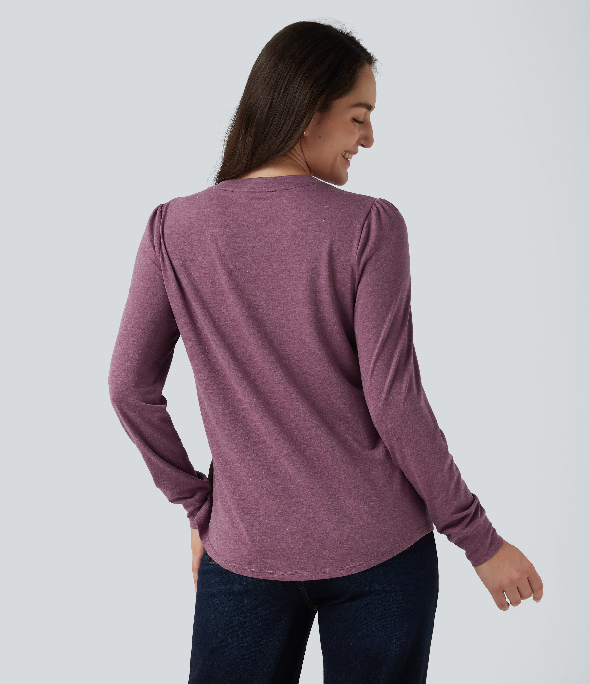 Red Violet Floral Yarn V Neck Long Sleeve Heathered Casual Top / 2