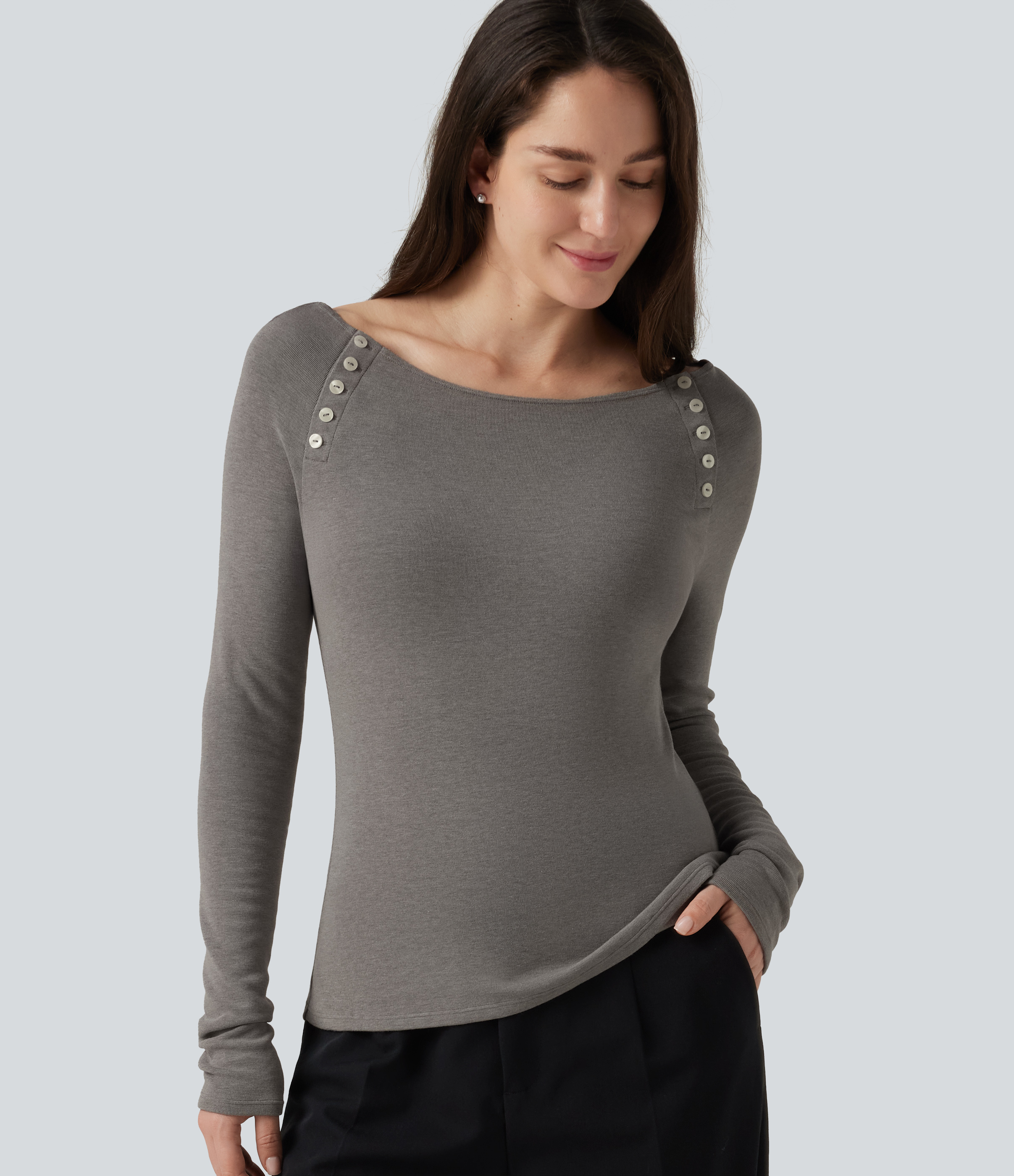 Boat Neck Raglan Long Sleeve Thermal Casual Top
