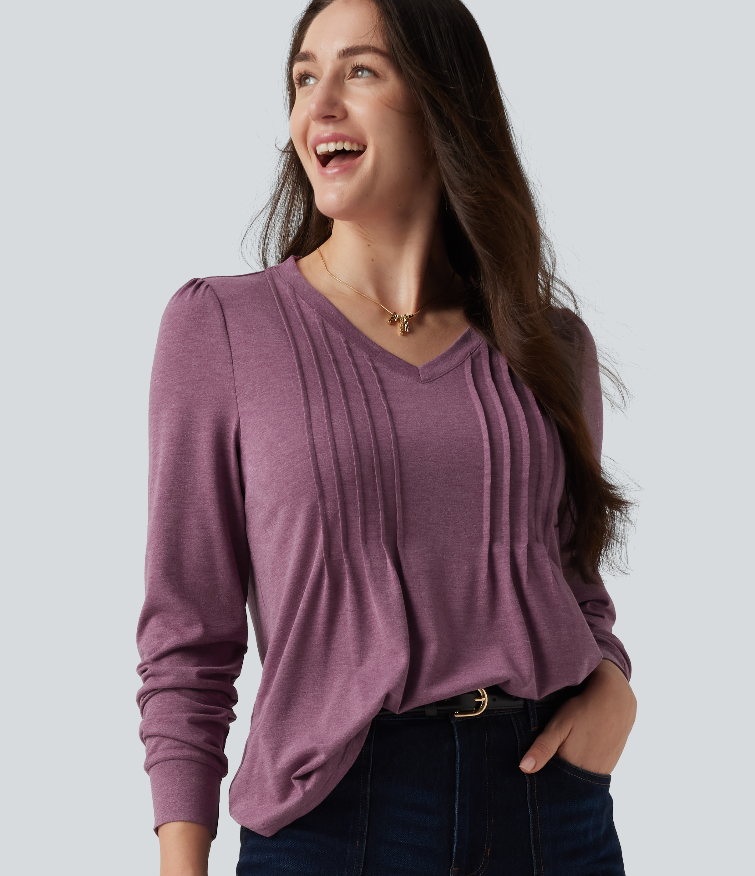 V Neck Long Sleeve Heathered Casual Top