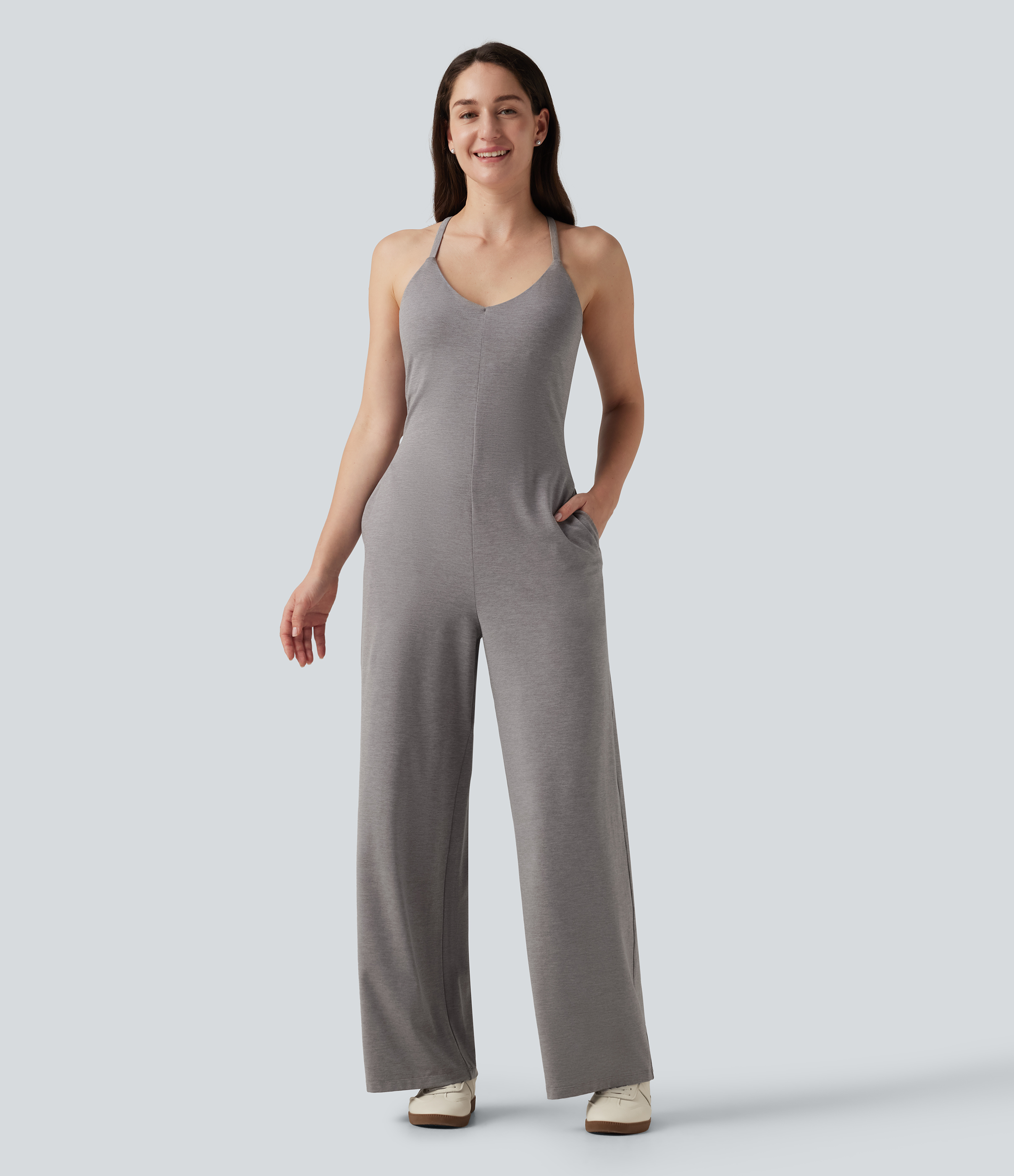 U-Neck Sleeveless Crisscross Back Casual Straight Leg Jumpsuit with Pockets