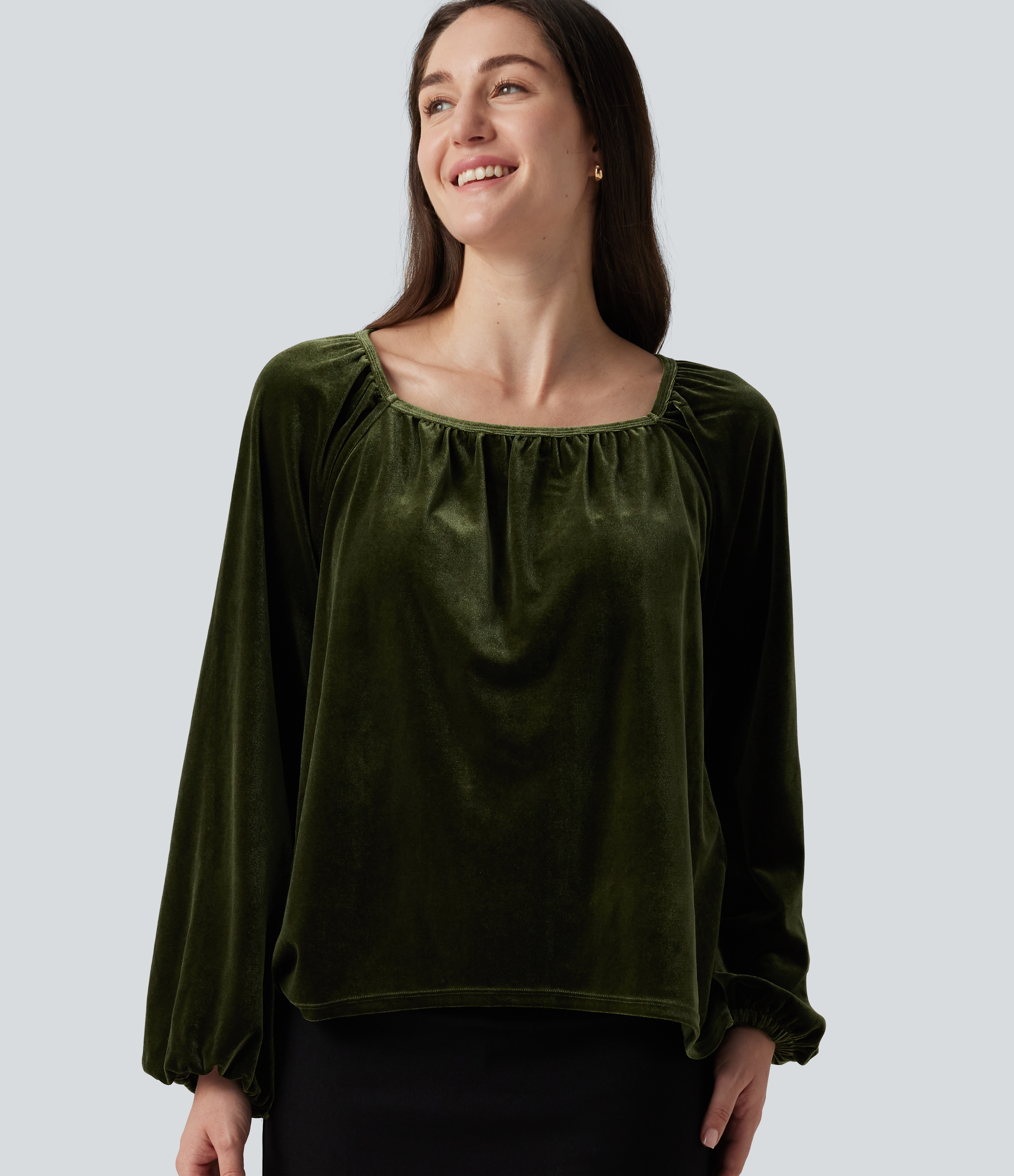 Square Neck Raglan Long Sleeve Pleated Velvet Casual Top