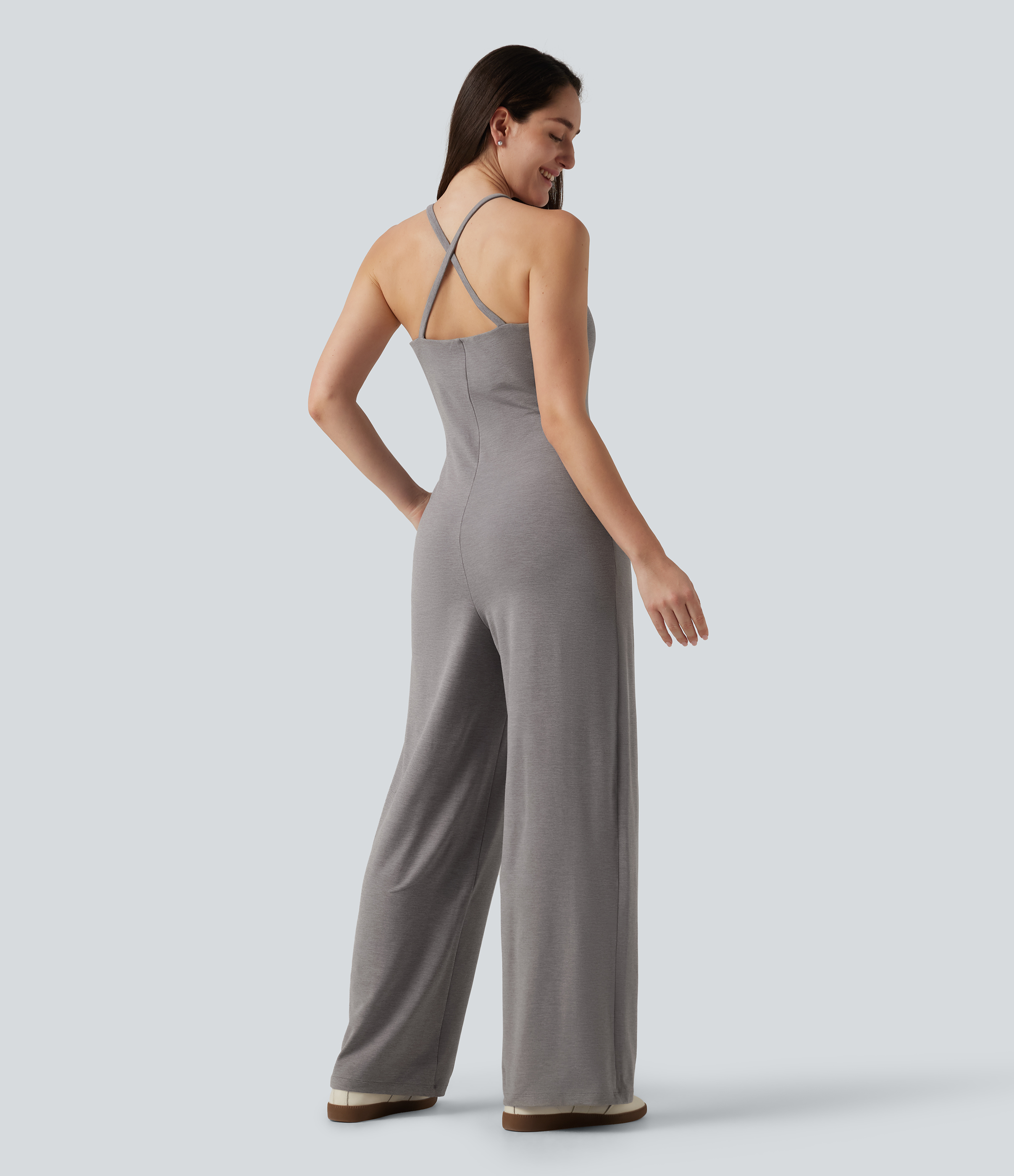 Mottled Earth Gray U-Neck Sleeveless Crisscross Back Casual Straight Leg Jumpsuit with Pockets / 2