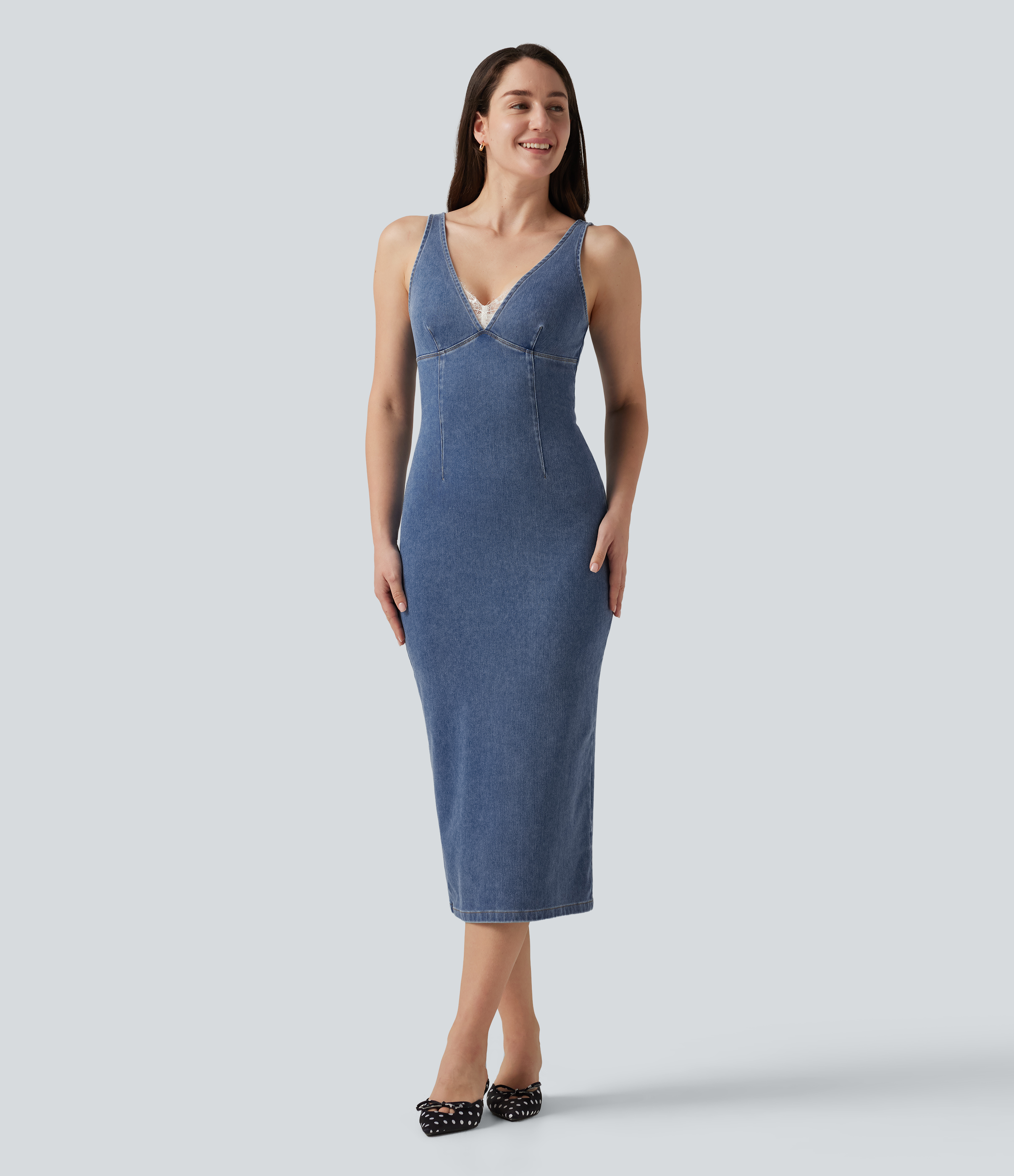 Halara Flex™ V Neck Denim Casual Midi Dress