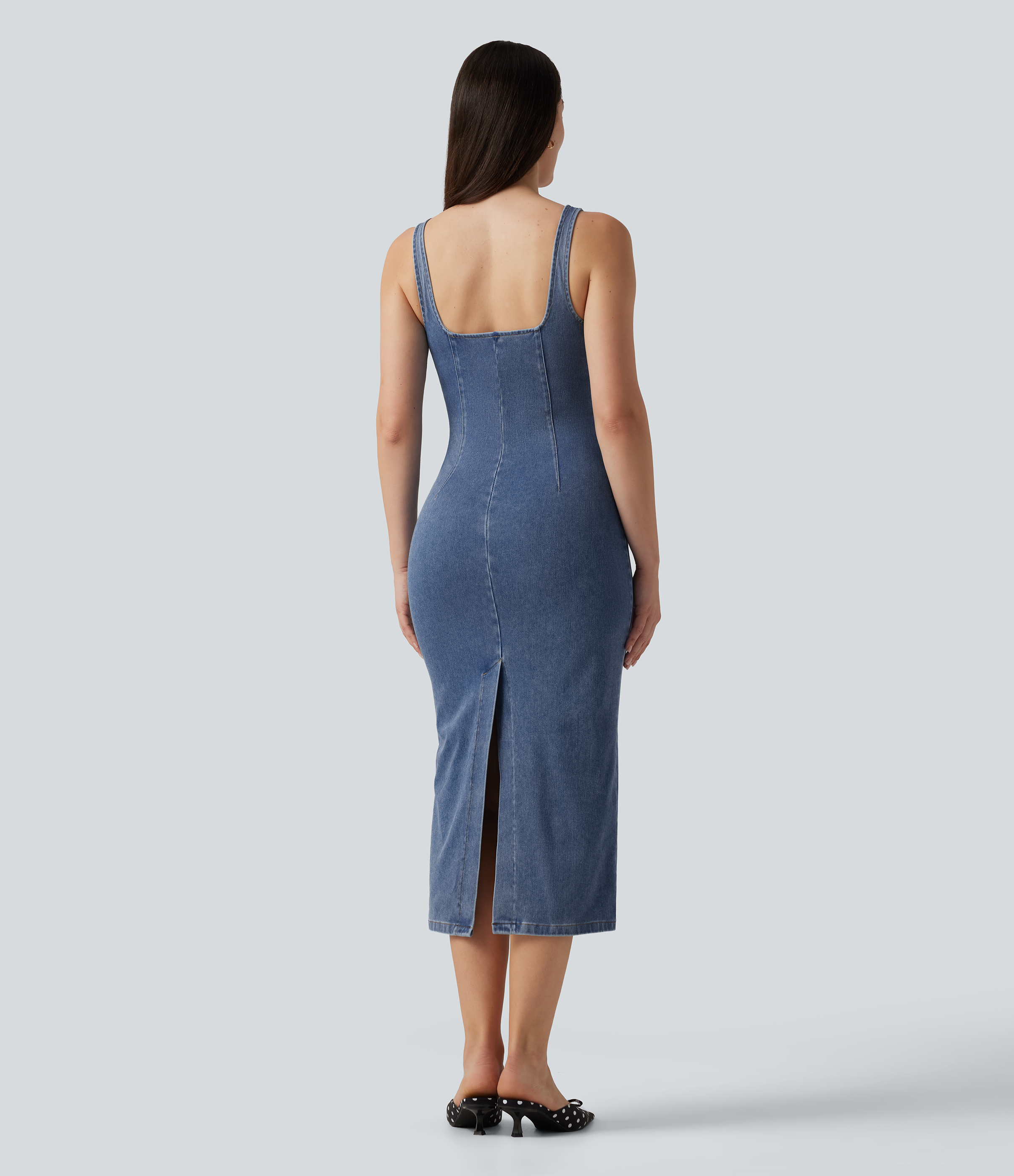 Powder Blue Denim Halara Flex™ Дънкова миди рокля с V-образно деколте, ежедневна / 2