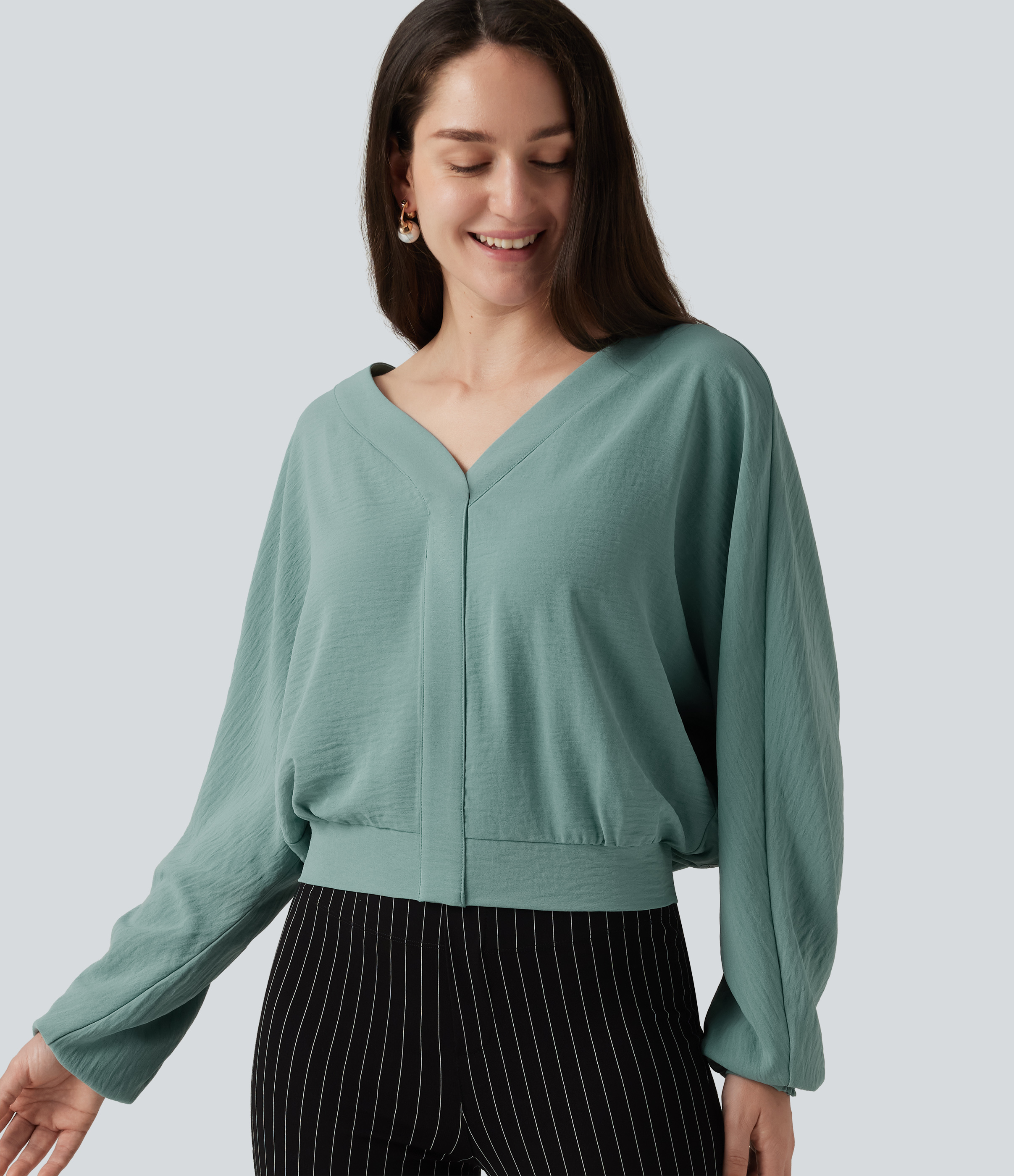 V Neck Batwing Long Sleeve Relaxed Work Blouse
