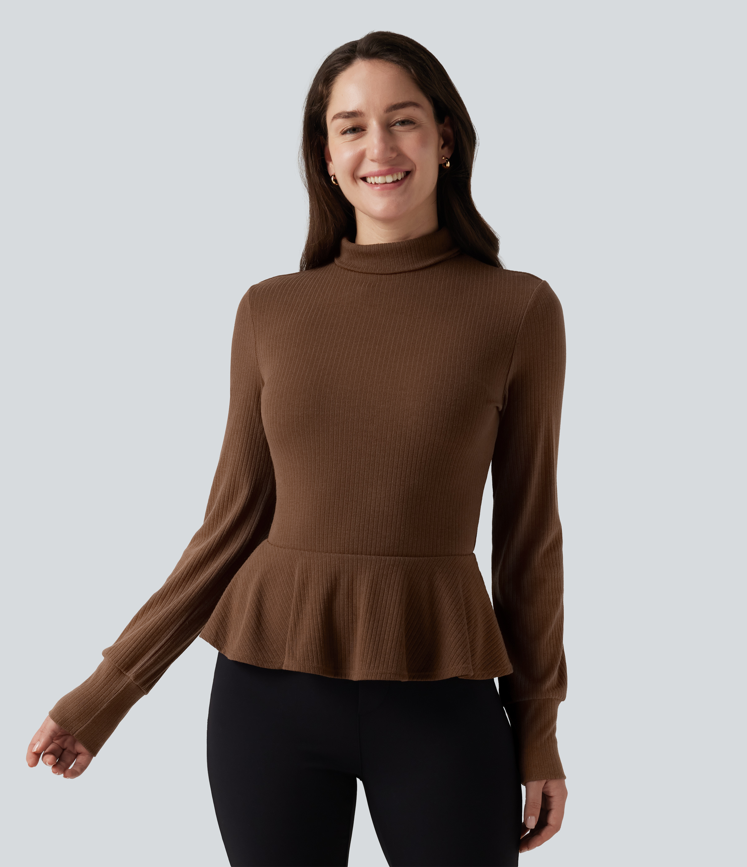 Ribbed Knit Mock Neck Long Sleeve Slim Ruffle Hem Casual Top