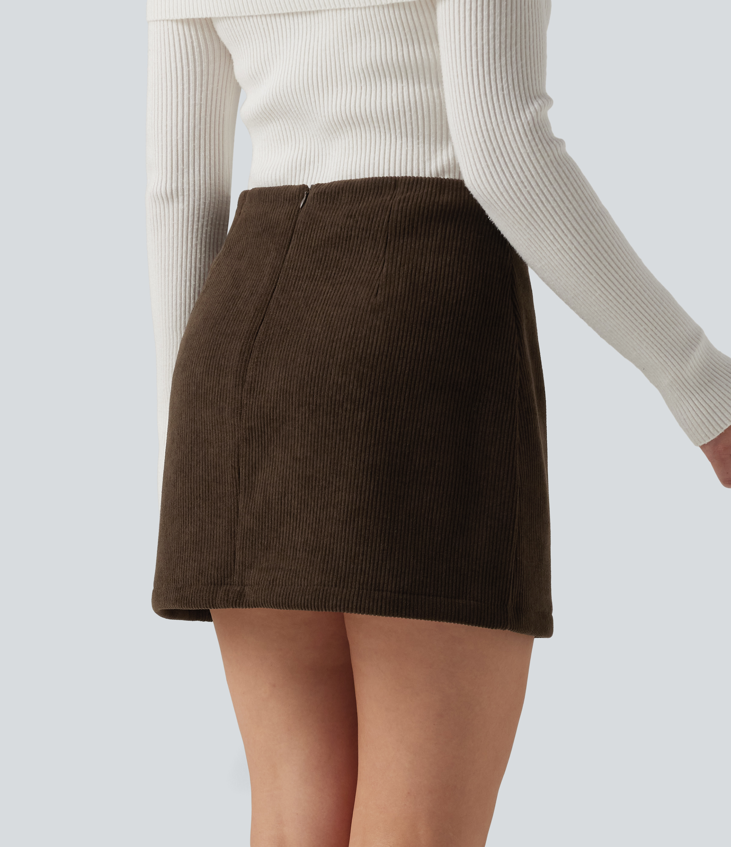 Willow Brown High Waisted A-Line Corduroy Fleece Casual Mini Skirt with Built-in Shorts / 2