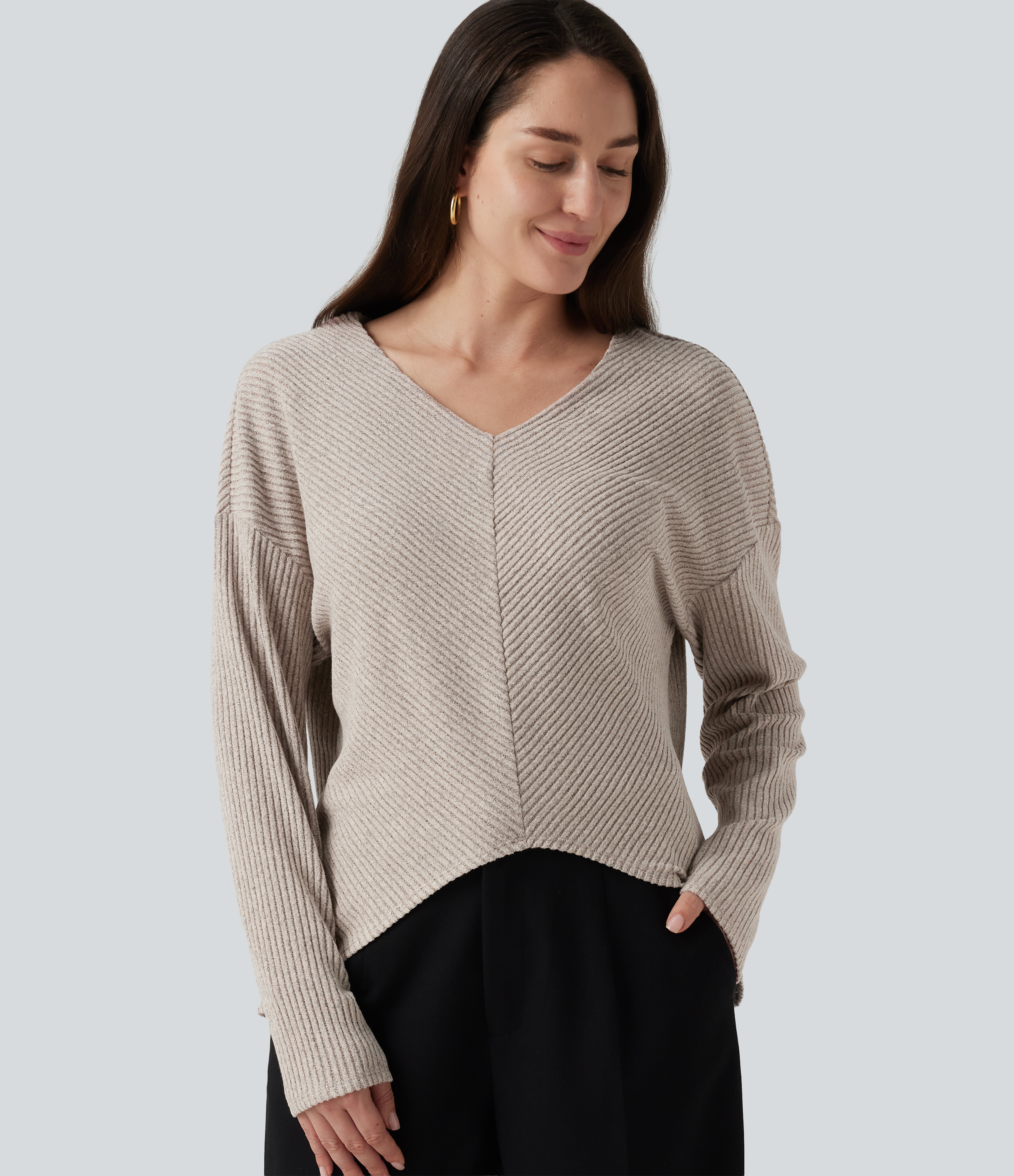 Ribbed Knit V Neck Dropped Long Sleeve Curved Hem Casual Top