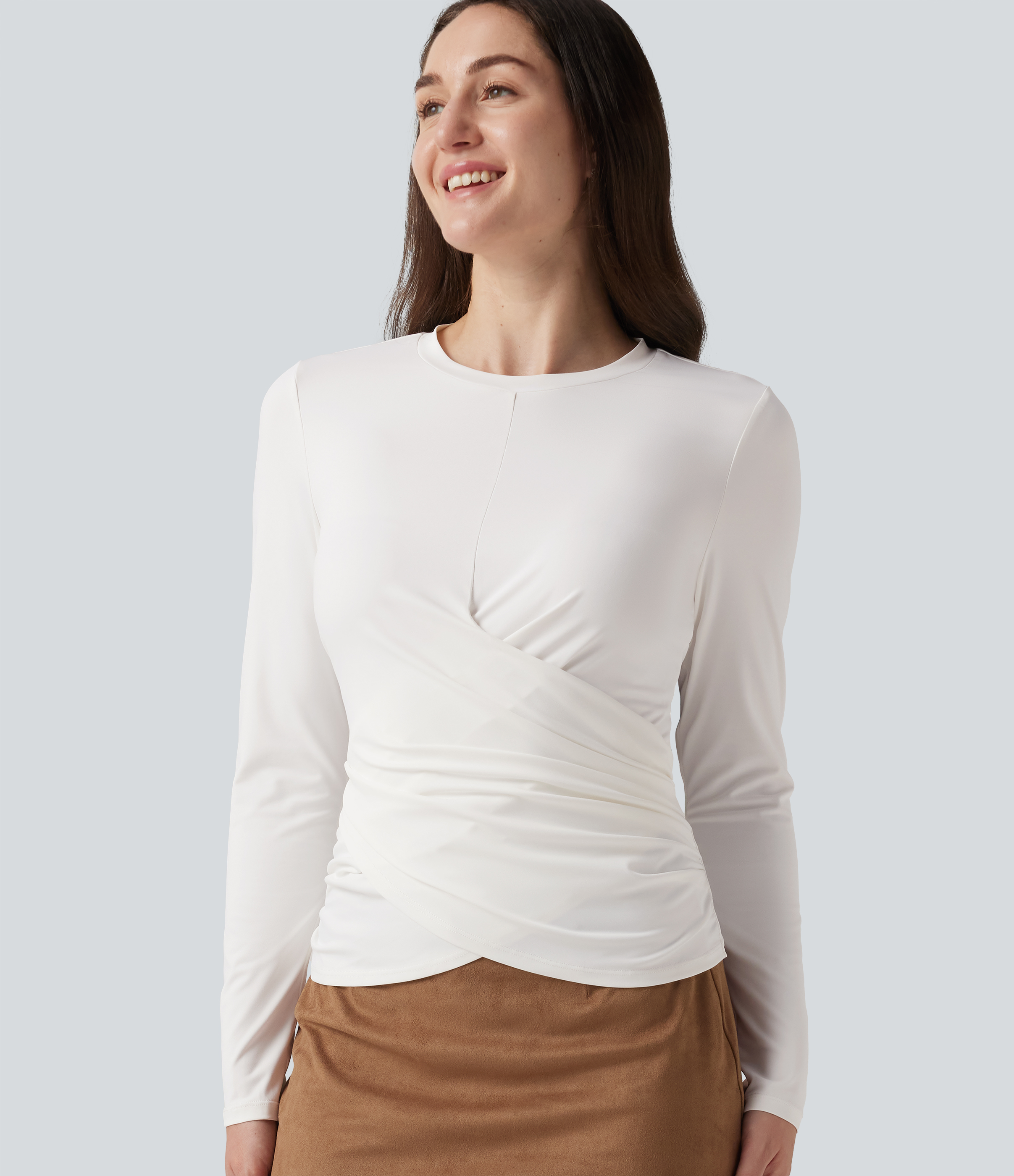 Round Neck Long Sleeve Crossover Hem Casual Top