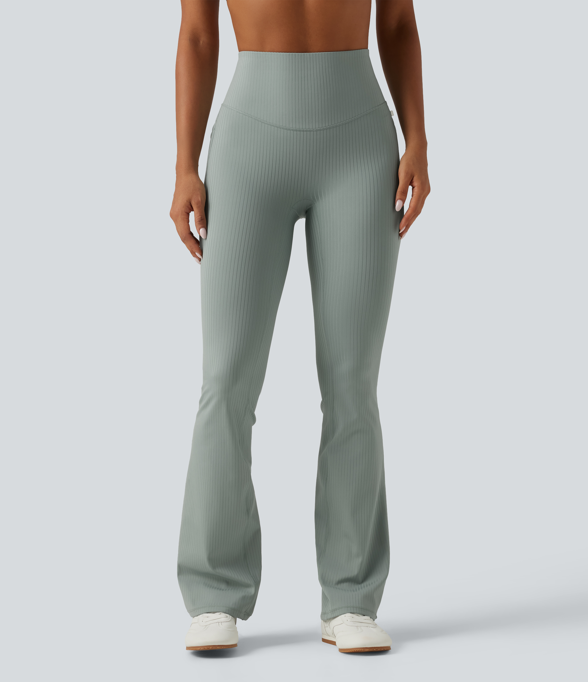 Silver Blue Ribbed Knit High Waisted Tummy Control Bootcut Workout Leggings with Pockets / 2