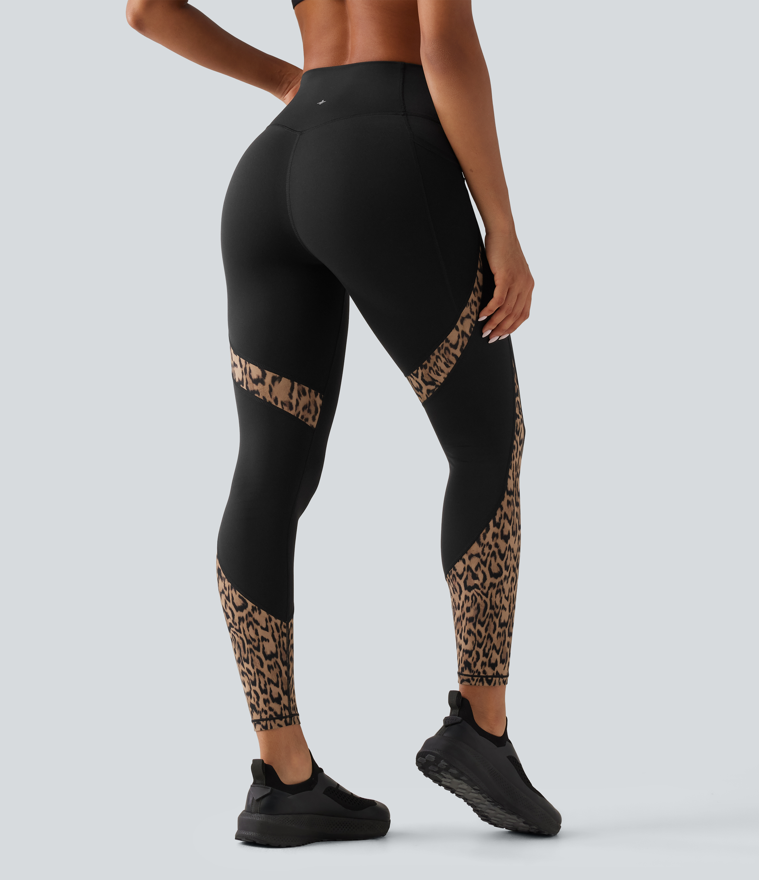Tan Leopard High Waisted Skinny Contrast Mesh Leopard Print Color Block Yoga Leggings with Pockets / 2