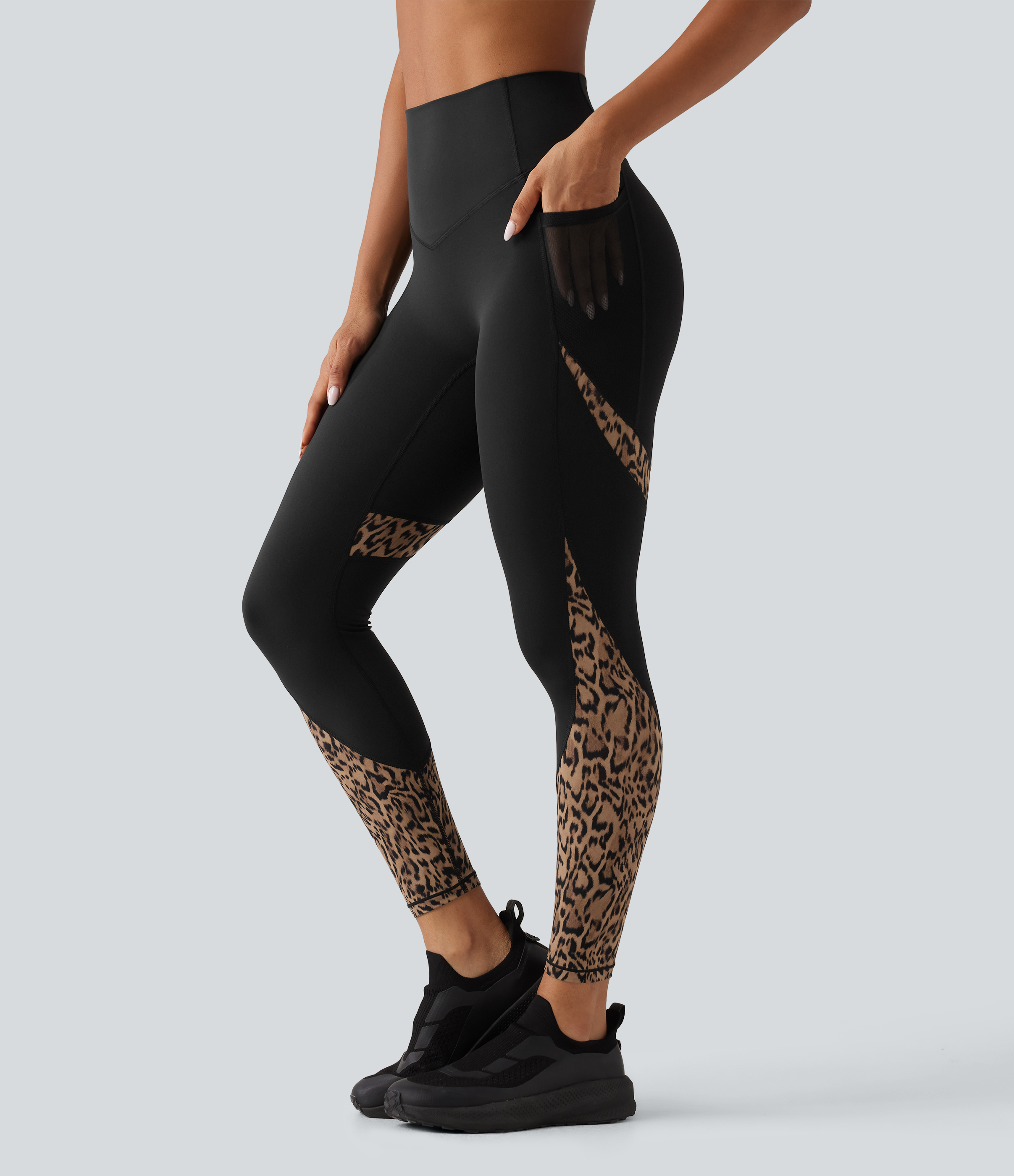 High Waisted Skinny Contrast Mesh Leopard Print Color Block Yoga Leggings with Pockets