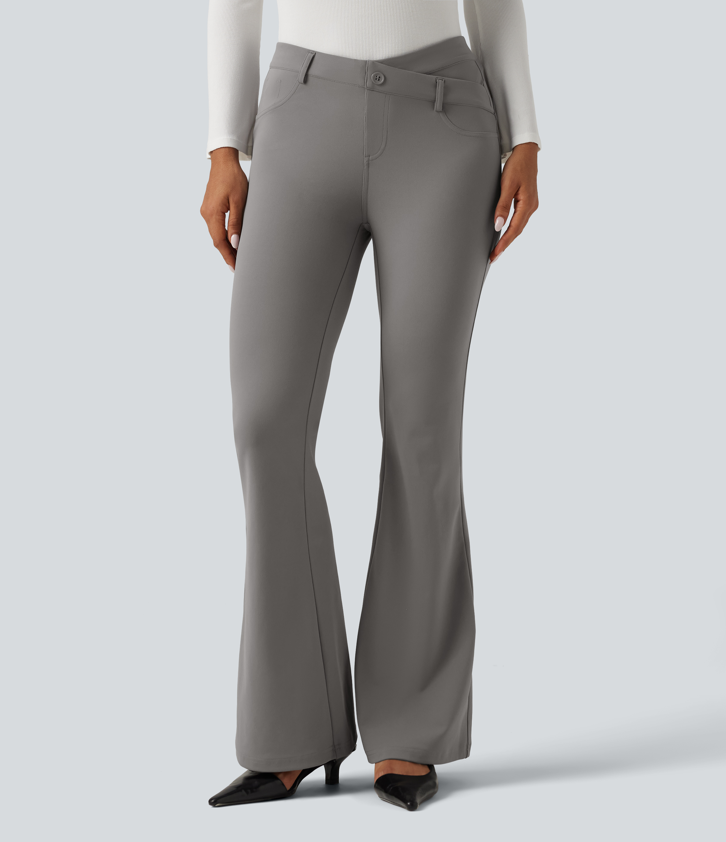 Halara Flex™ V-Shaped High Waisted Asymmetric Wrinkle Recovery Flare Work Pants with Pockets