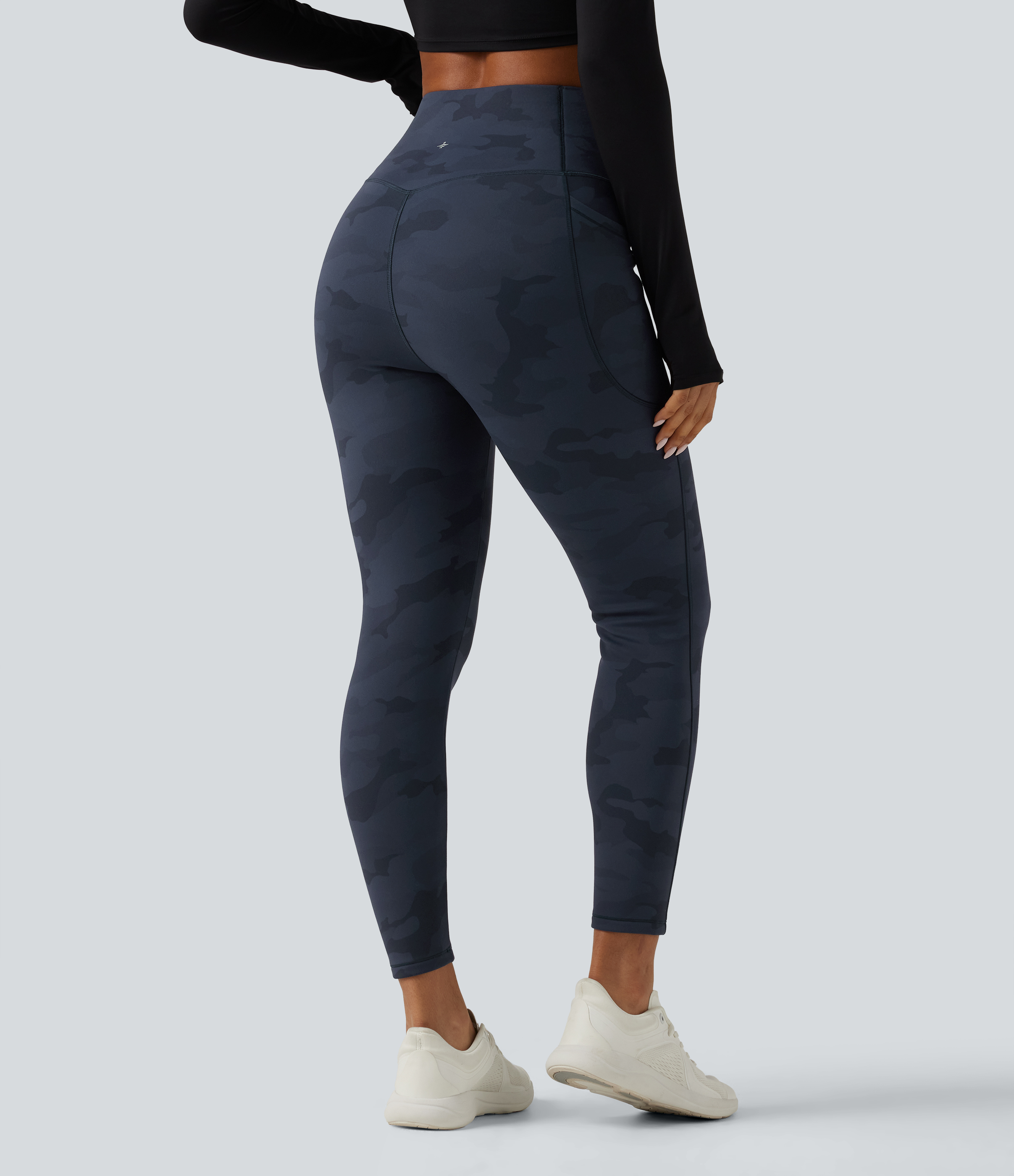 Navy Camo Halara UltraSculpt™ High Waisted Tummy Control Camo Fleece Workout Leggings with Pockets / 2