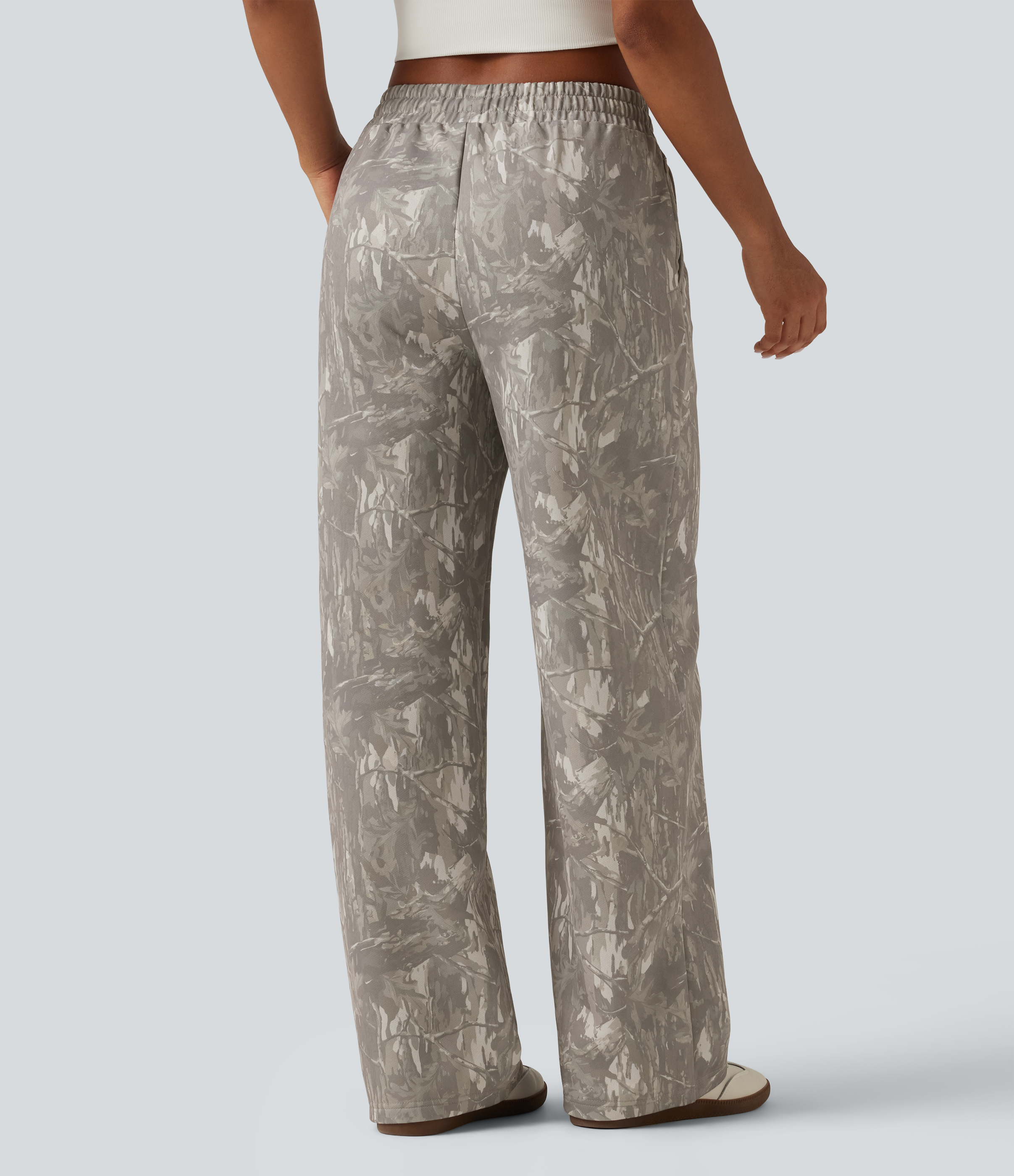 Sand Grey Brushwood Mid Rise Straight Leg Patterned Inner Drawstring Fleece Casual Sweatpants with Pockets / 2