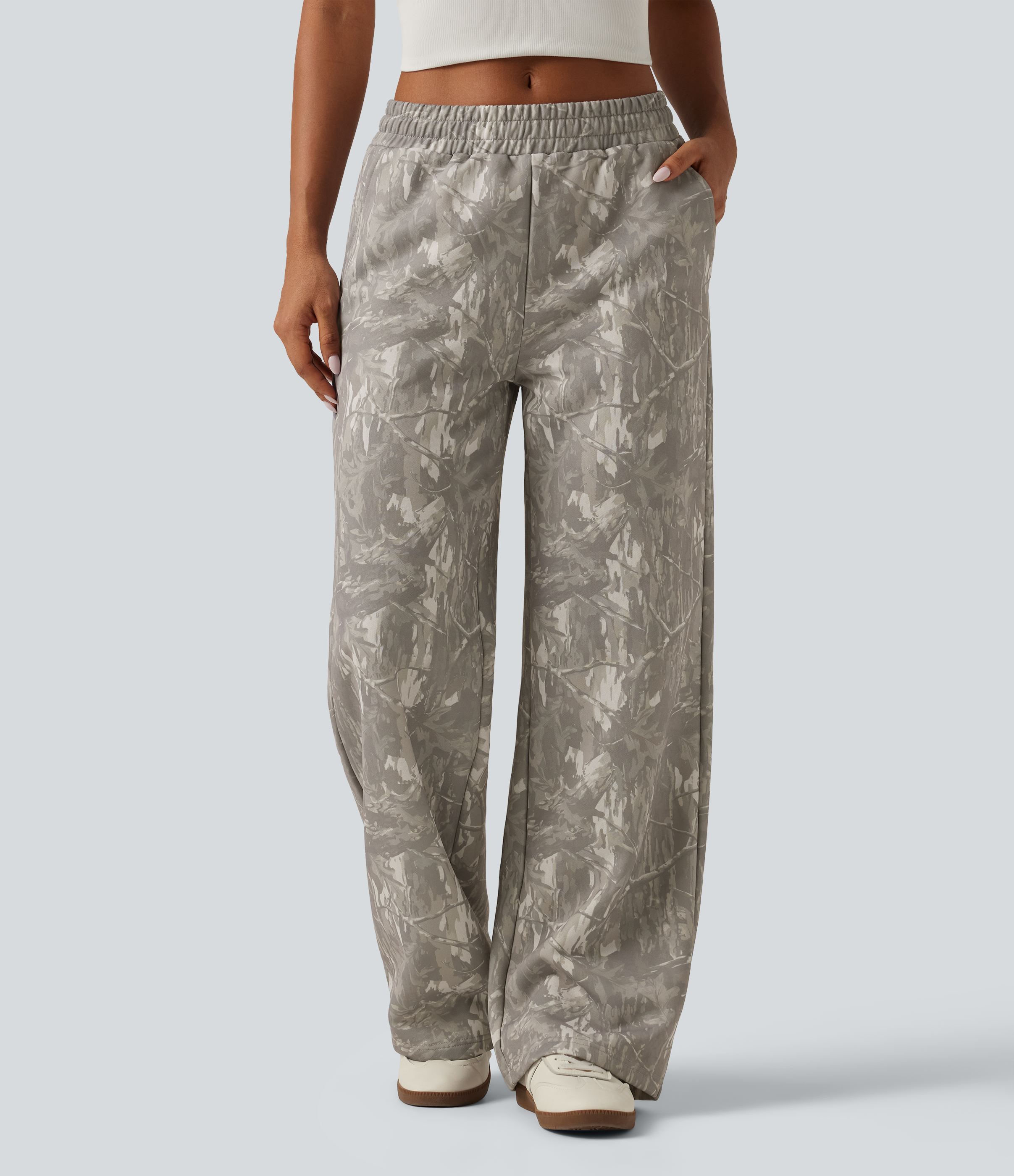 Mid Rise Straight Leg Patterned Inner Drawstring Fleece Casual Sweatpants with Pockets