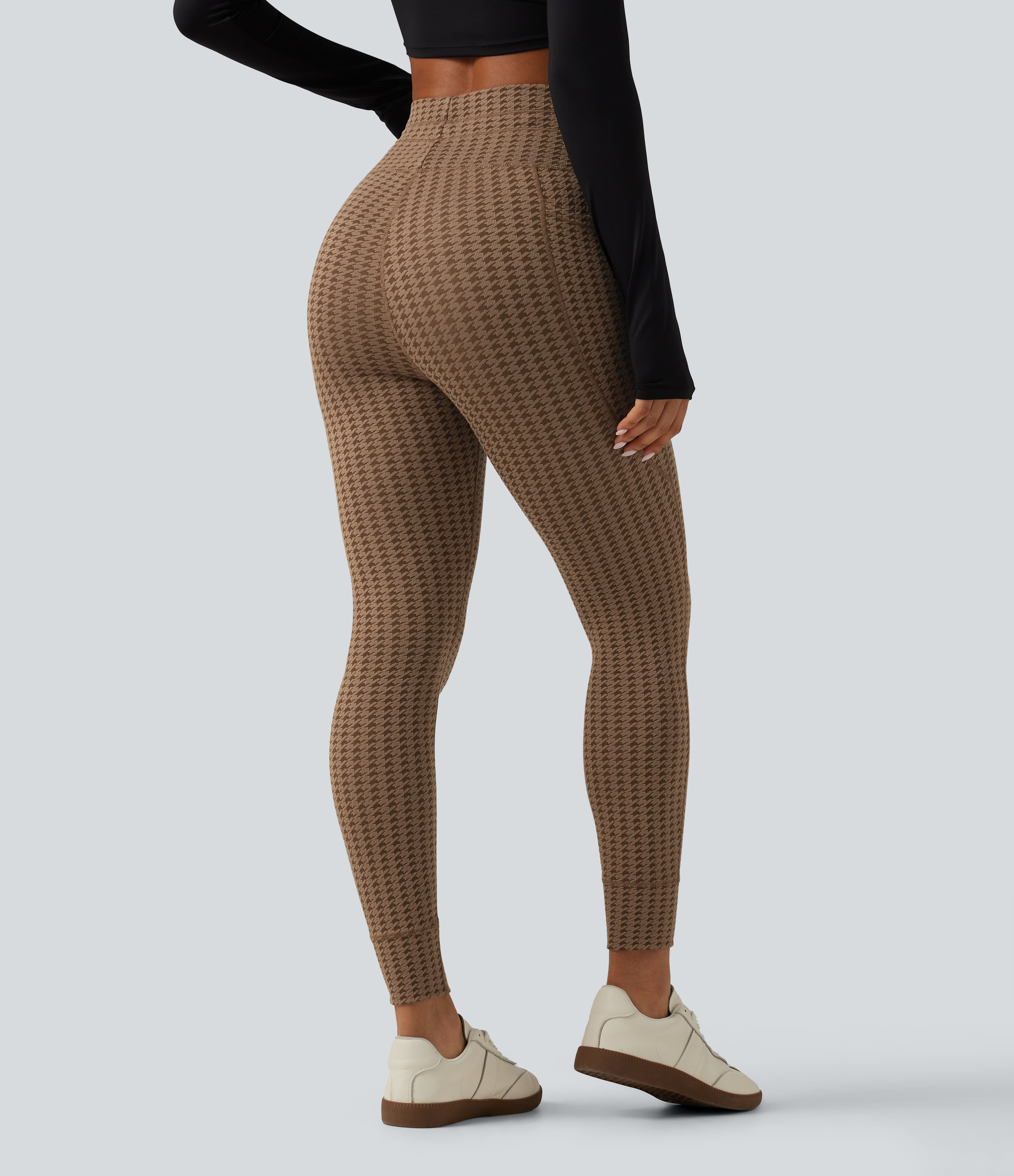 Hot Cocoa Houndstooth Legíny na jogu s vysokým pásom a šnúrkou, v pepitovom vzore, s vreckami / 2
