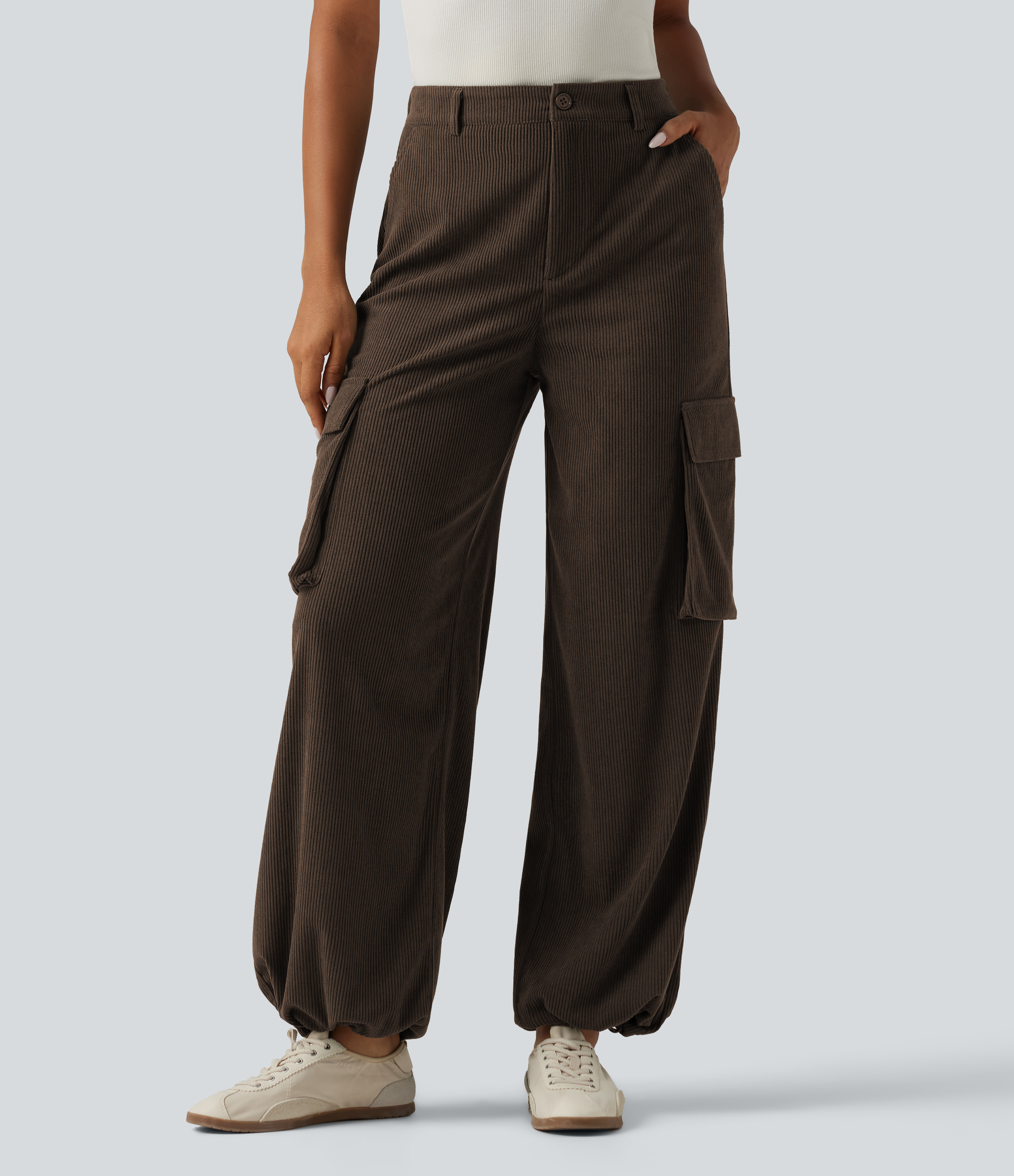 Pantalon cargo décontracté en velours côtelé, taille haute, coupe droite, ourlet froncé, avec poches