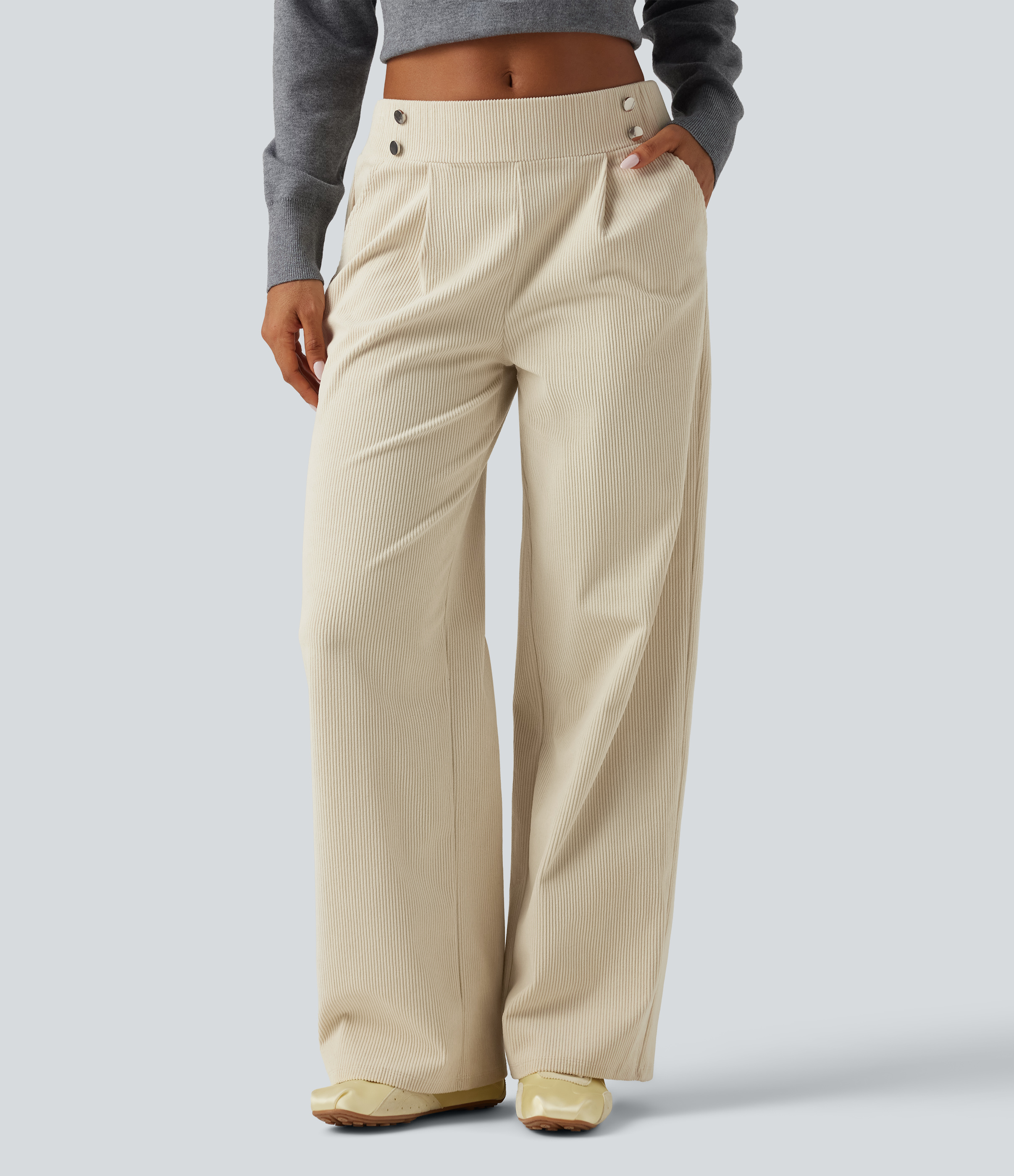 Mid Rise Straight Leg Corduroy Casual Pants with Pockets