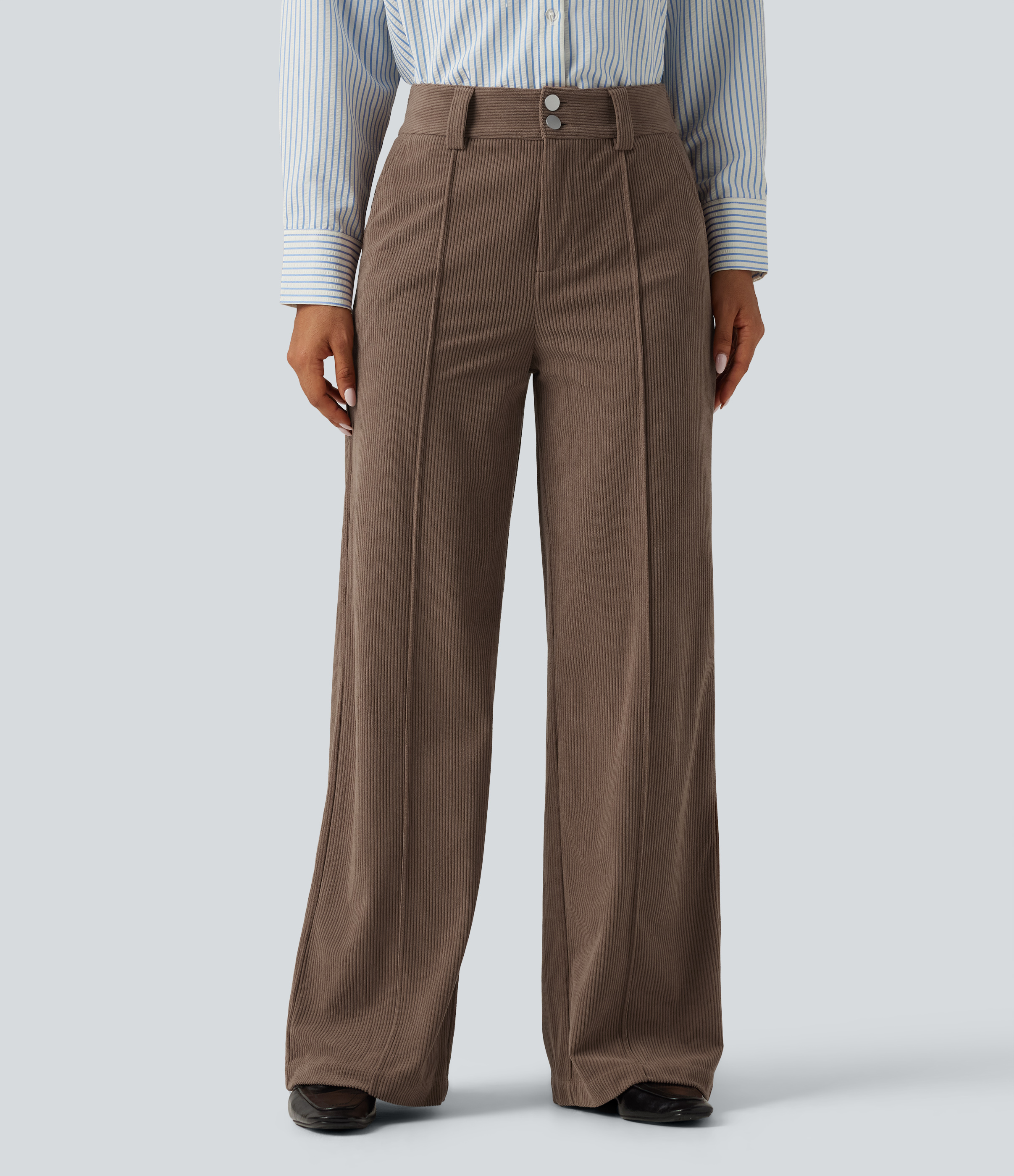High Waisted Straight Leg Pintuck Corduroy Casual Pants with Pockets