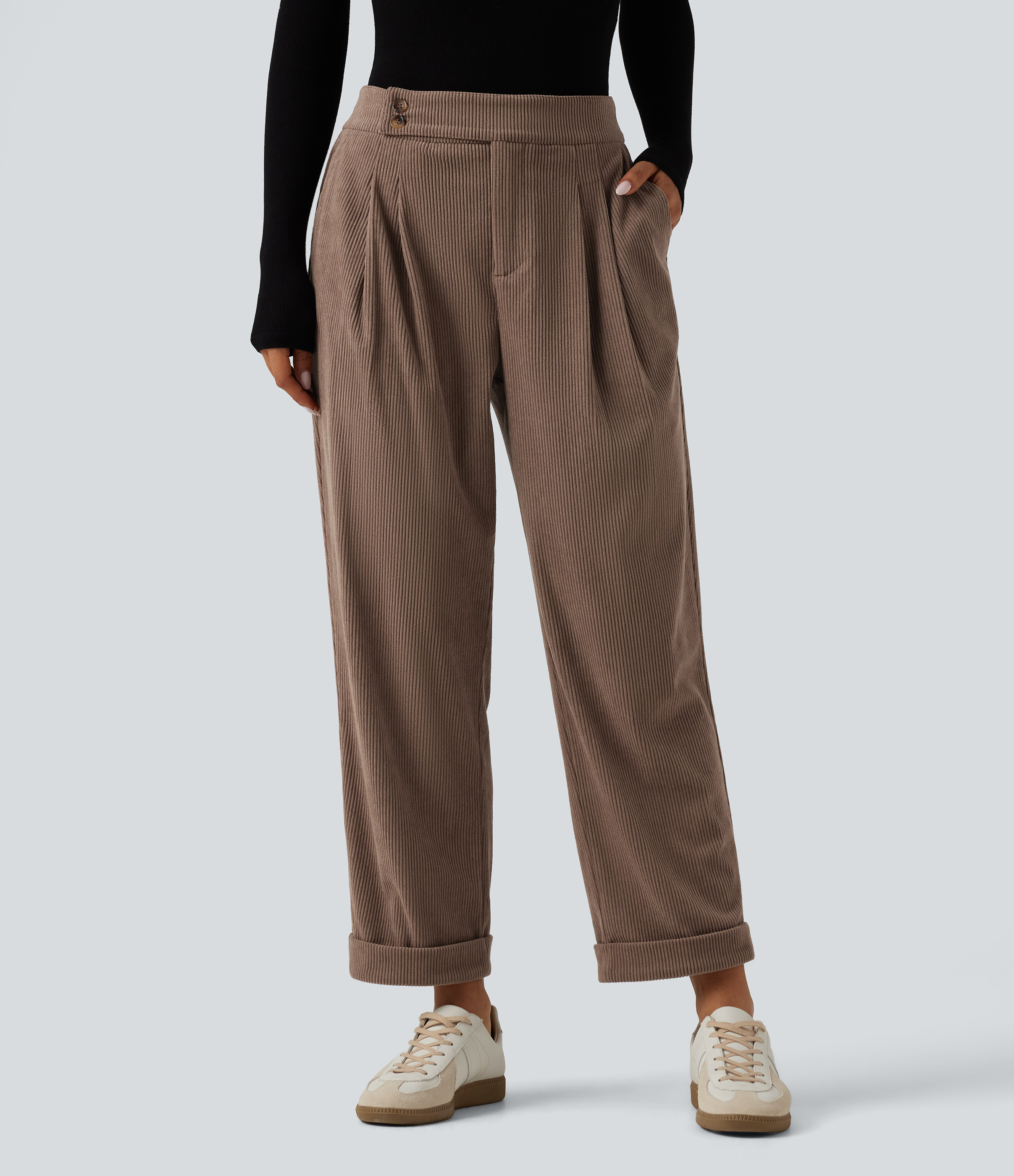 Halara Flex™ High Waisted Tapered Rolled Hem Corduroy Work Pants with Pockets