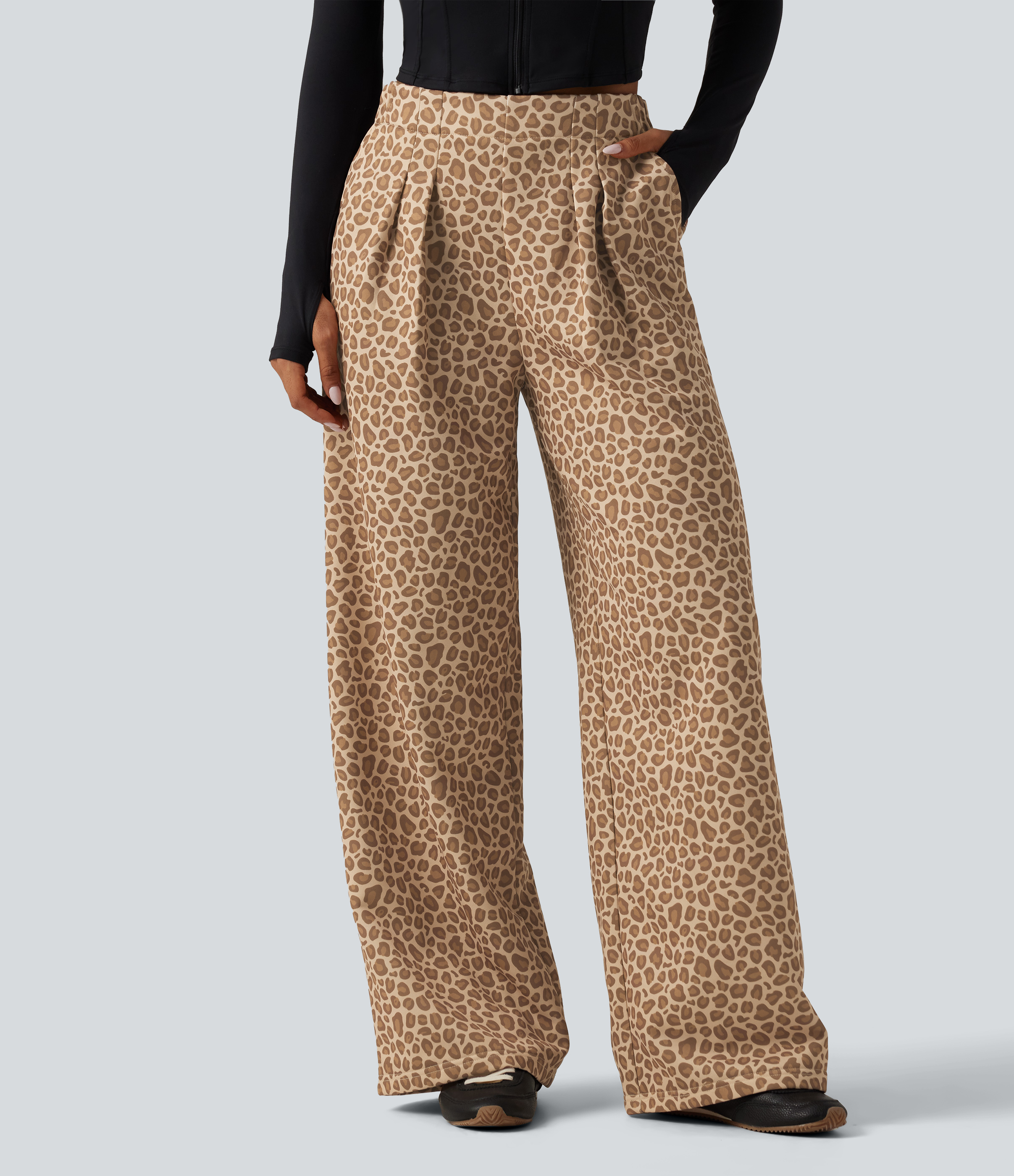 Mid Rise Leopard Print Wide Leg Casual Sweatpants with Pockets