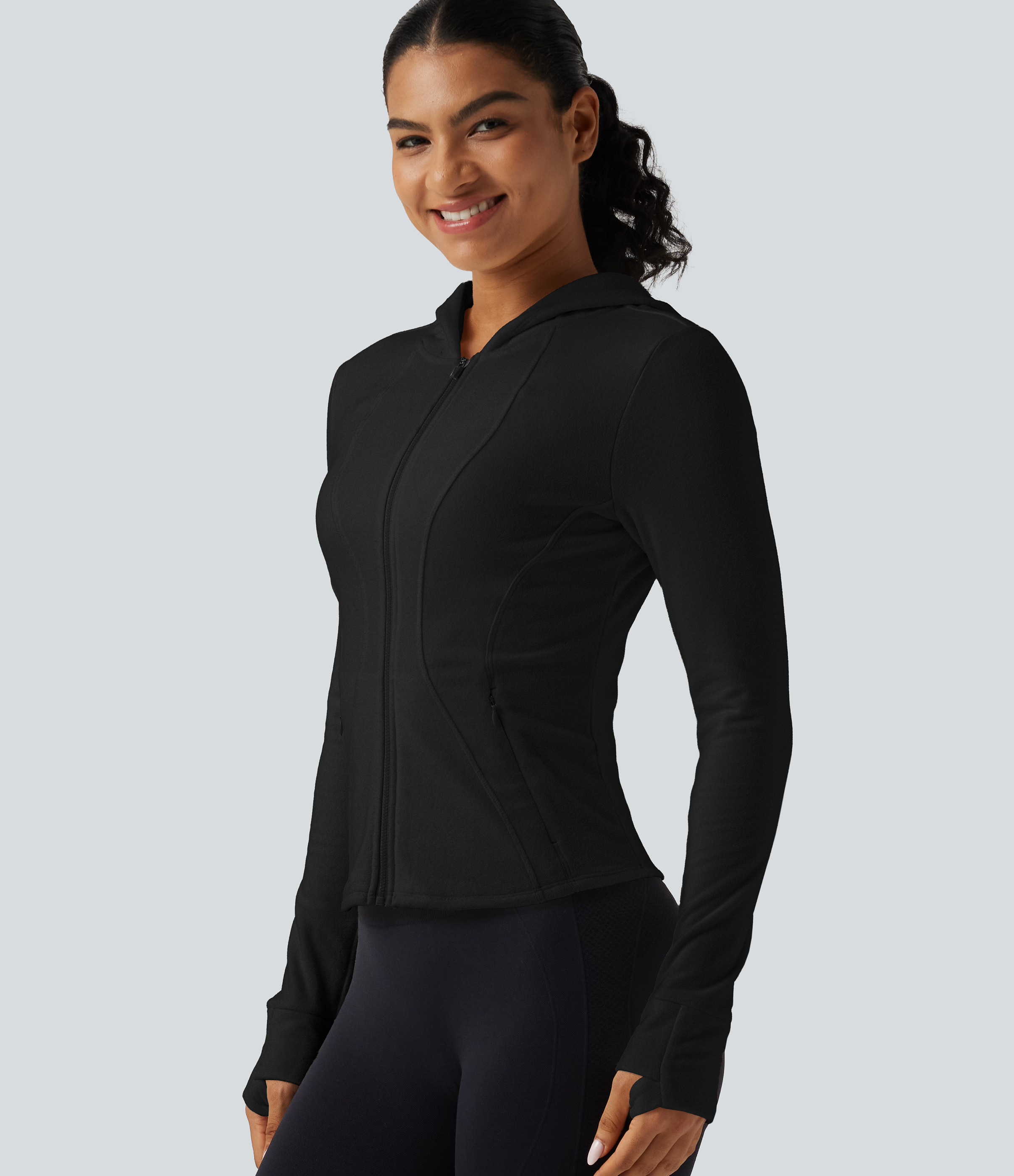 Stand Collar Long Sleeve Fleece Slim Yoga Track Jacket with Thumb Hole and Pockets