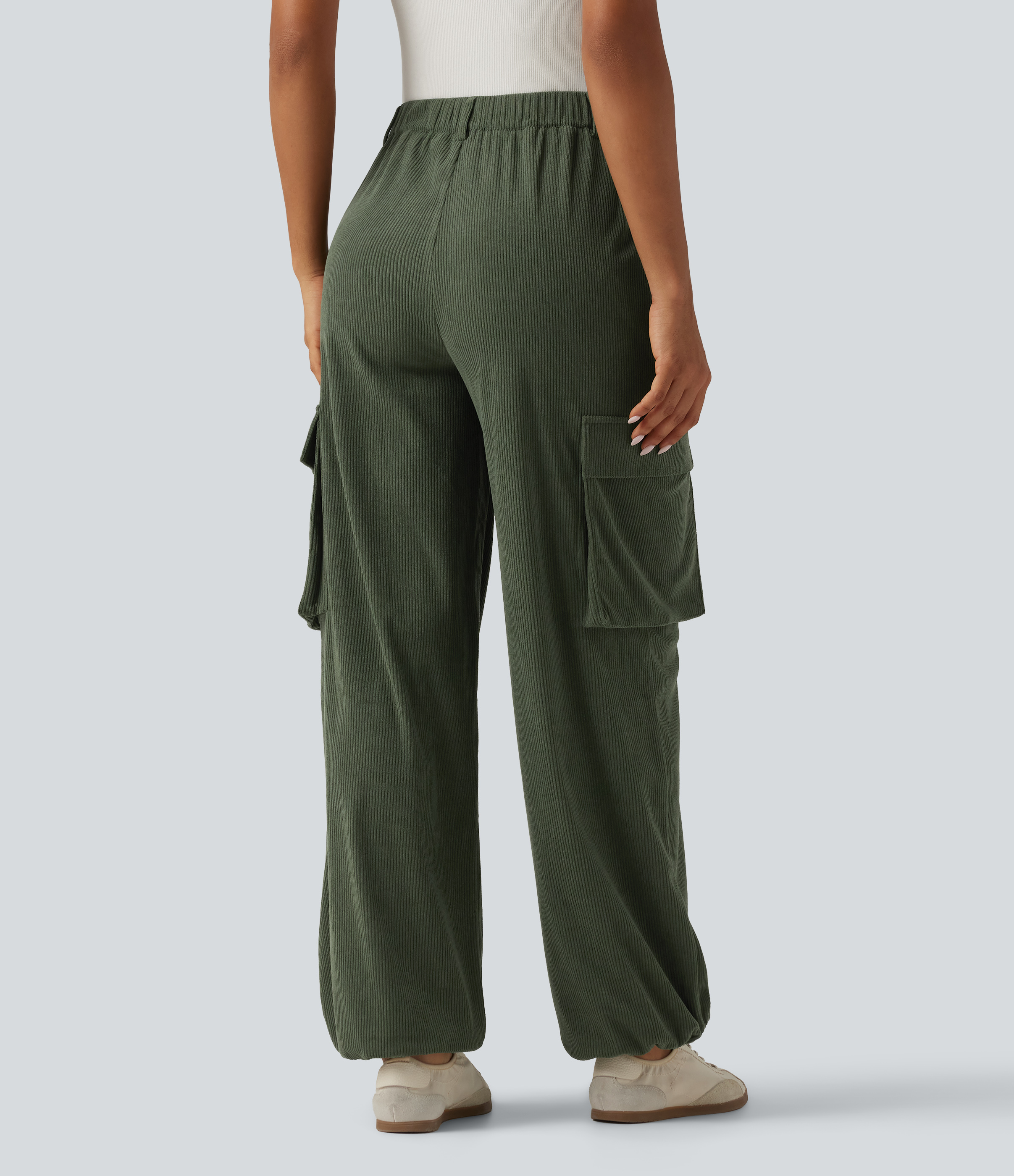 Rifle Green Pantalones cargo casual de pana, cintura alta, corte recto, bajo fruncido, con bolsillos / 2