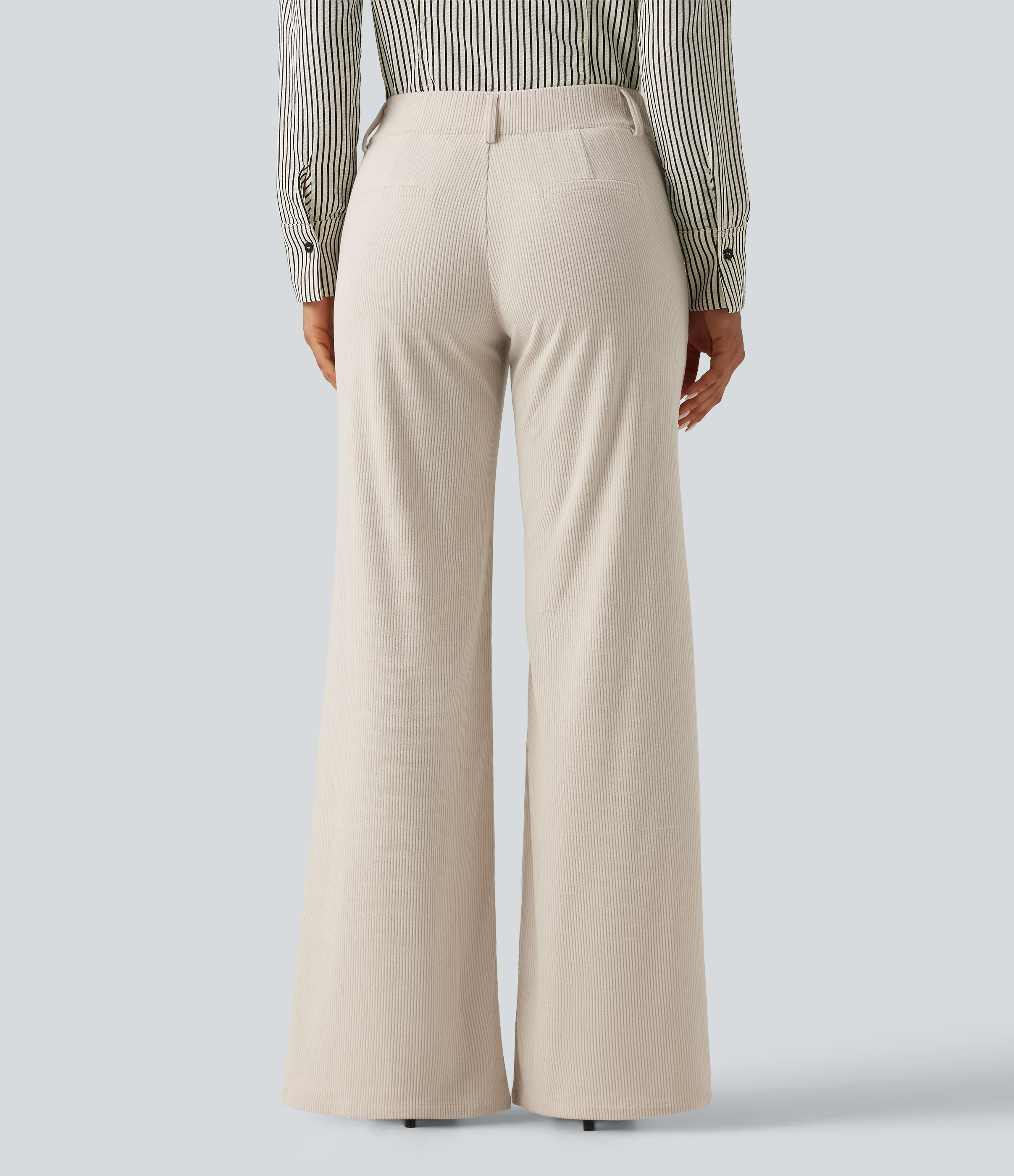 White Low Rise Flare Corduroy Casual Pants with Pockets / 2