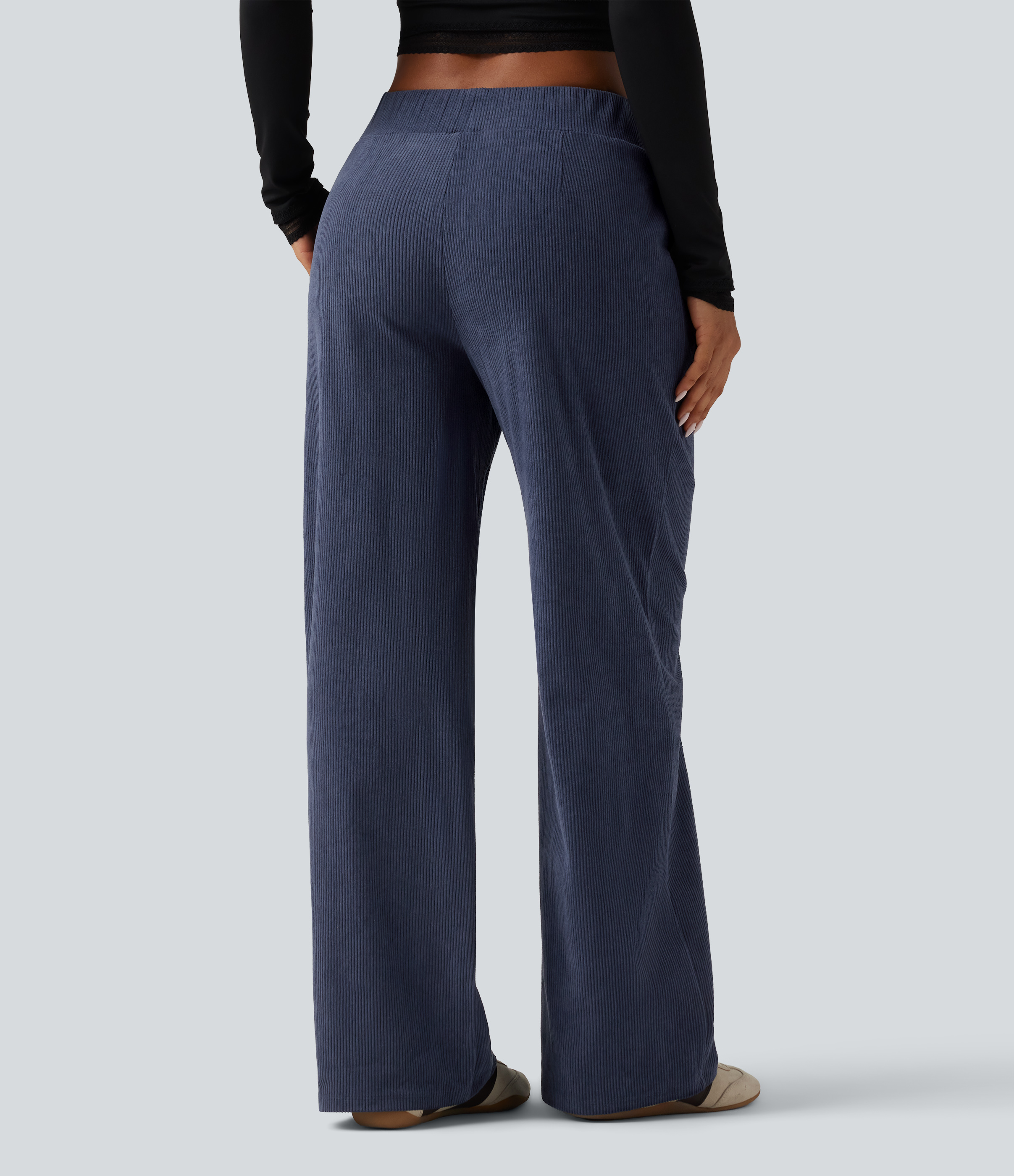 Foggy Blue Pantalon en velours côtelé taille mi-haute coupe droite avec poches / 2