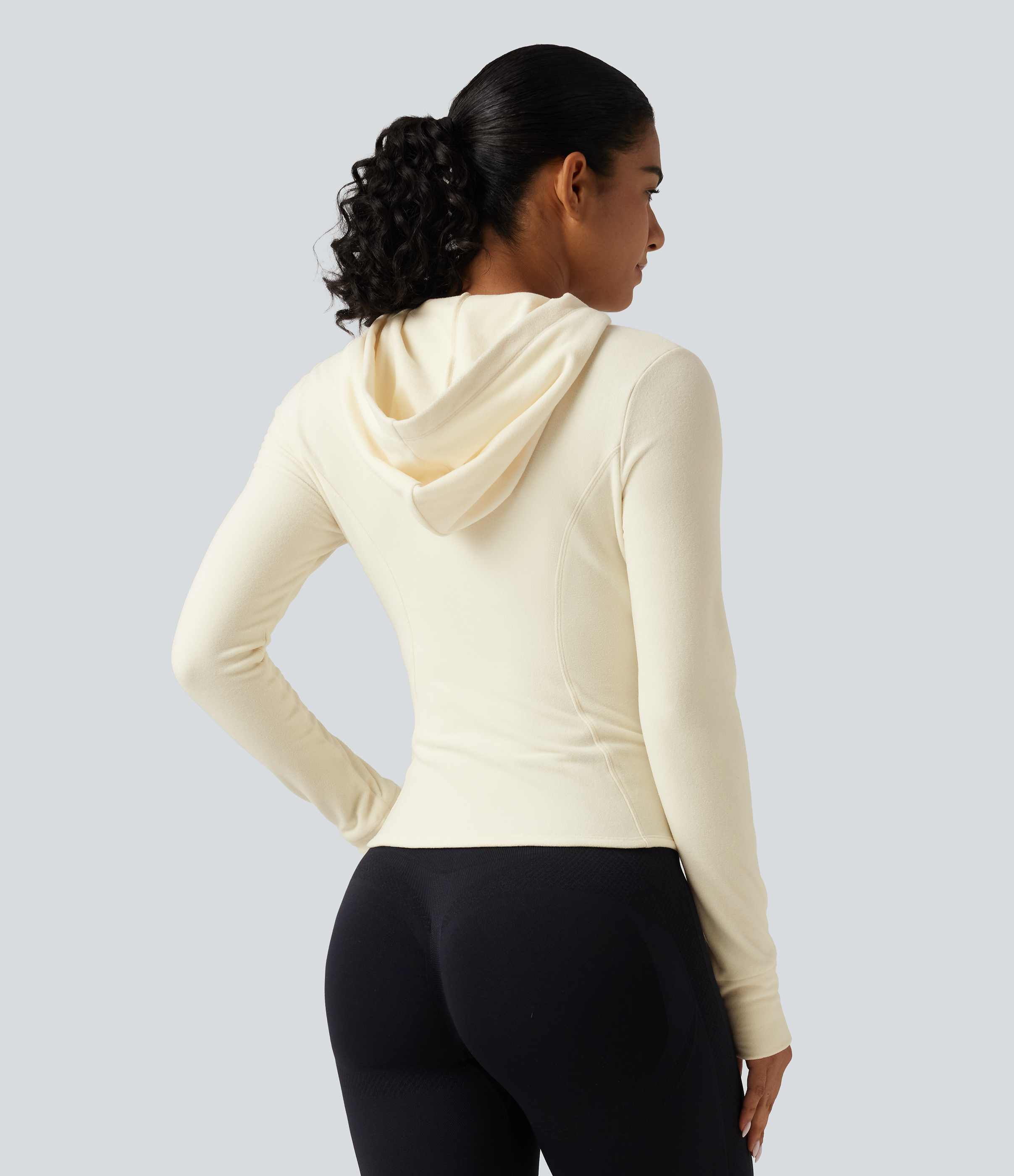 Filtered Sun Stand Collar Long Sleeve Fleece Slim Yoga Track Jacket with Thumb Hole and Pockets / 2