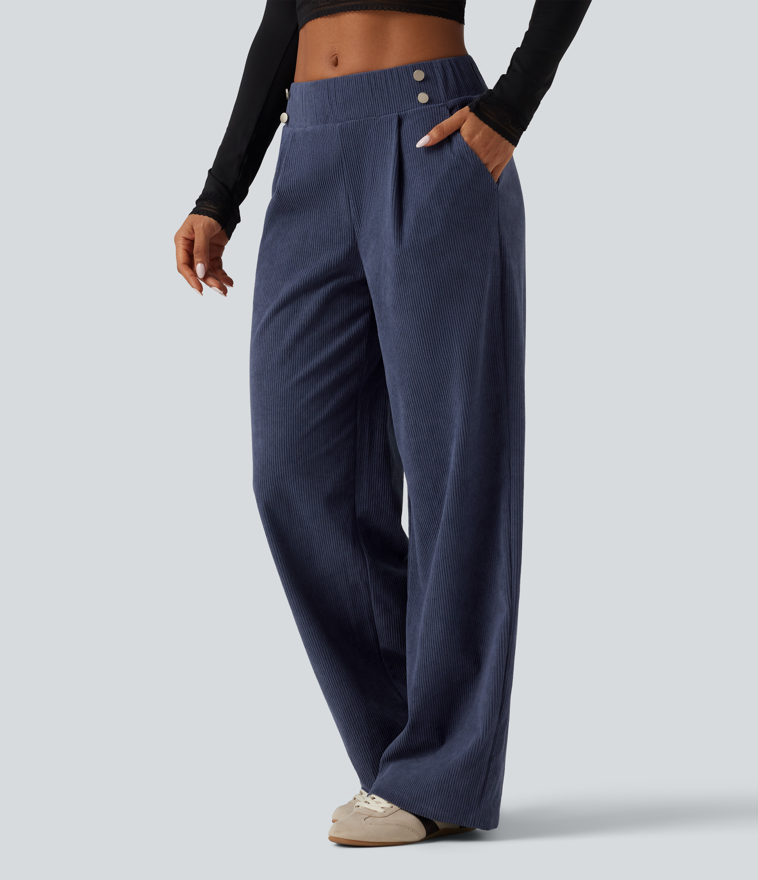 Foggy Blue Pantalon en velours côtelé taille mi-haute coupe droite avec poches / 1