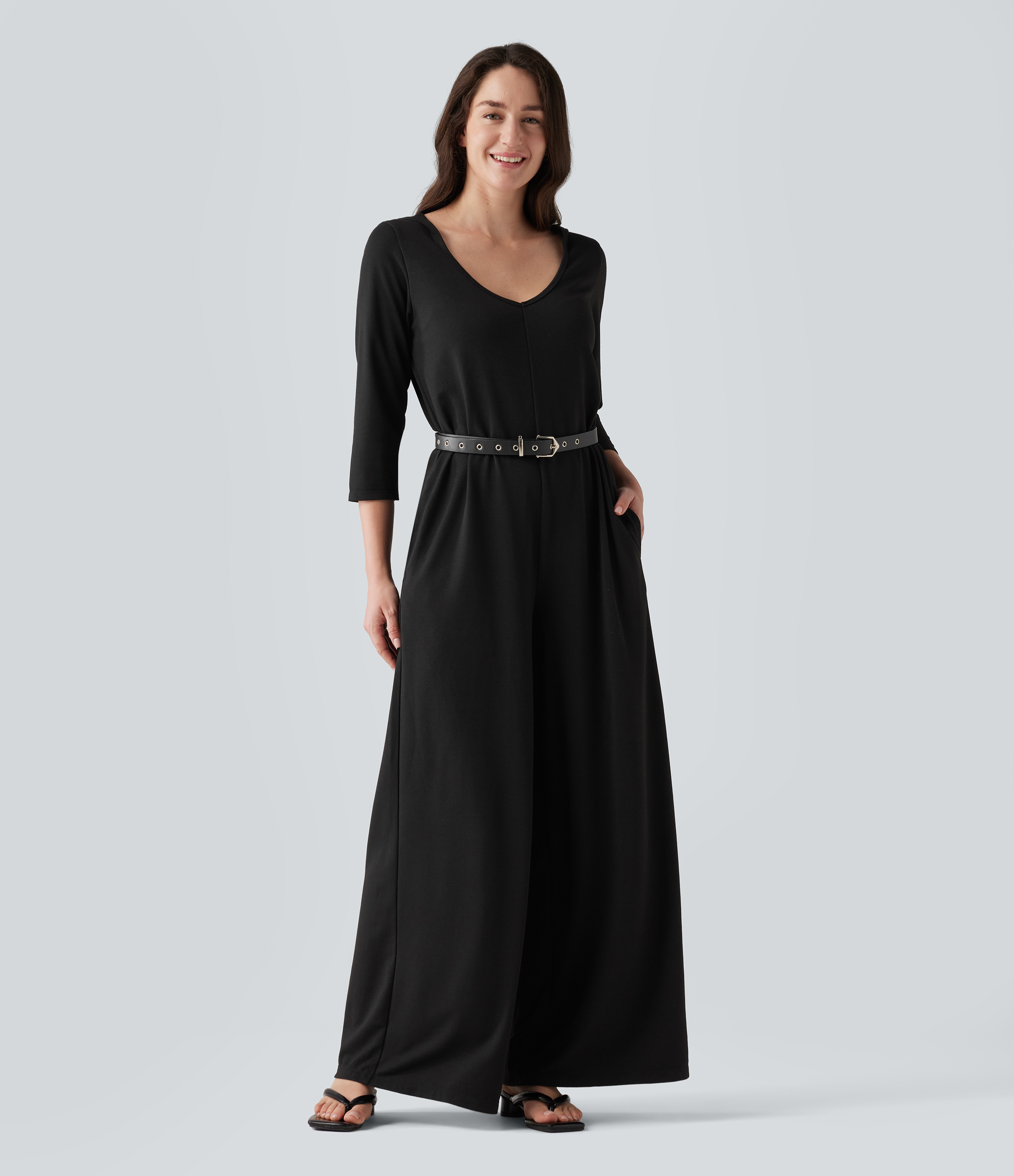 Hooded 3/4 Sleeve Baggy Relaxed Casual Jumpsuit with Pockets