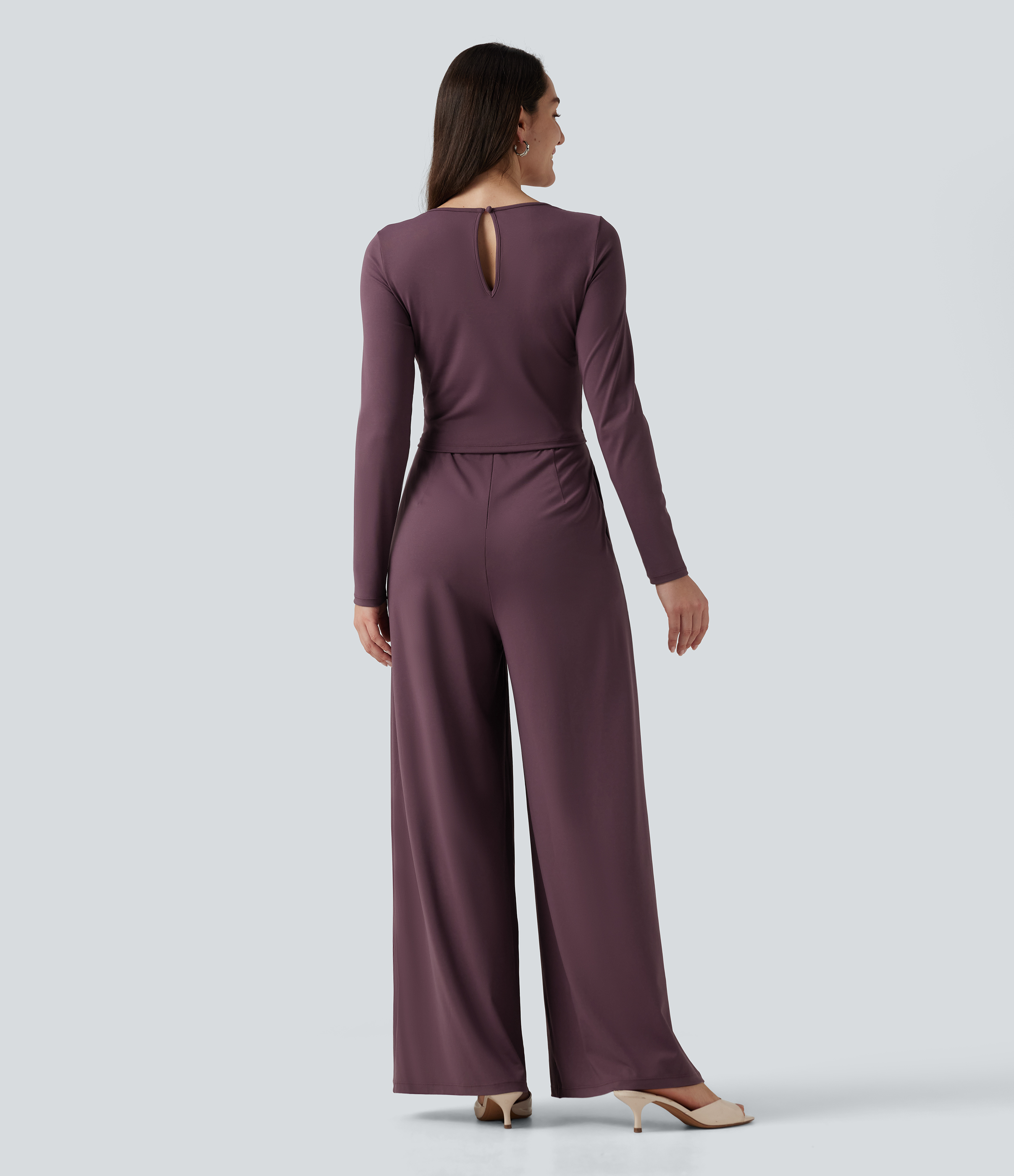 Plum Wine Round Neck Long Sleeve Wide Leg Casual Jumpsuit with Pockets-Easy Peezy Edition / 2